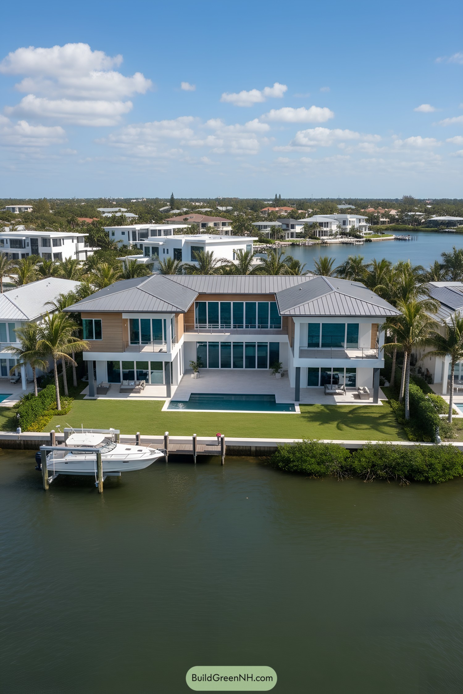 Modern waterfront villa with twin hipped roofs, expansive glass, and a linear pool facing the bay