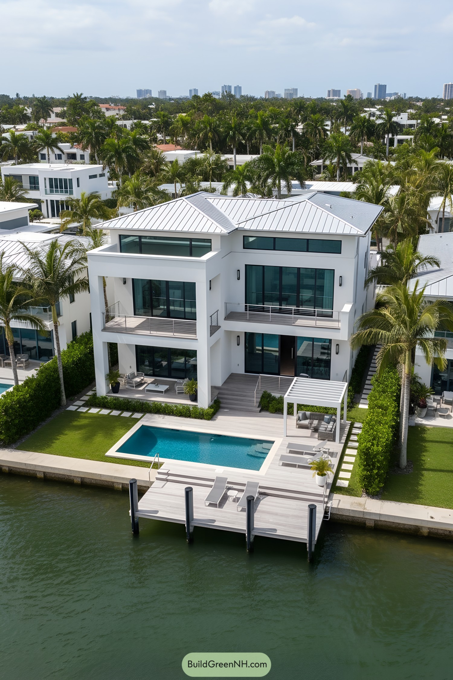 Modern white waterfront villa with pool, terraces, and private dock