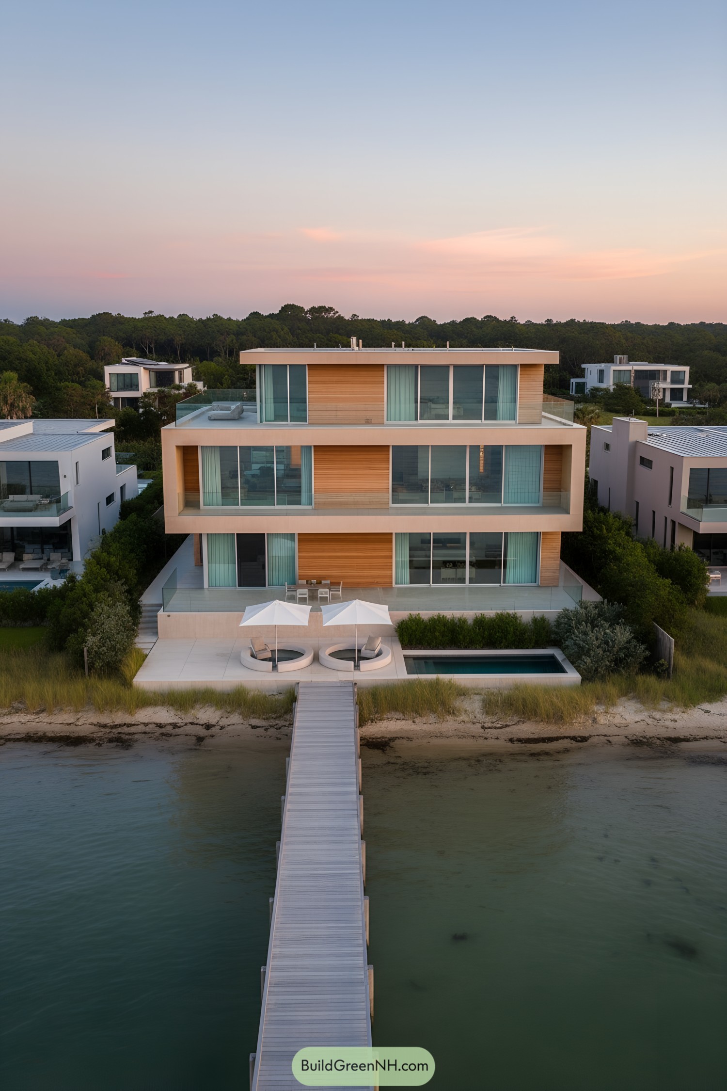 Modern beachfront home with layered terraces and dock