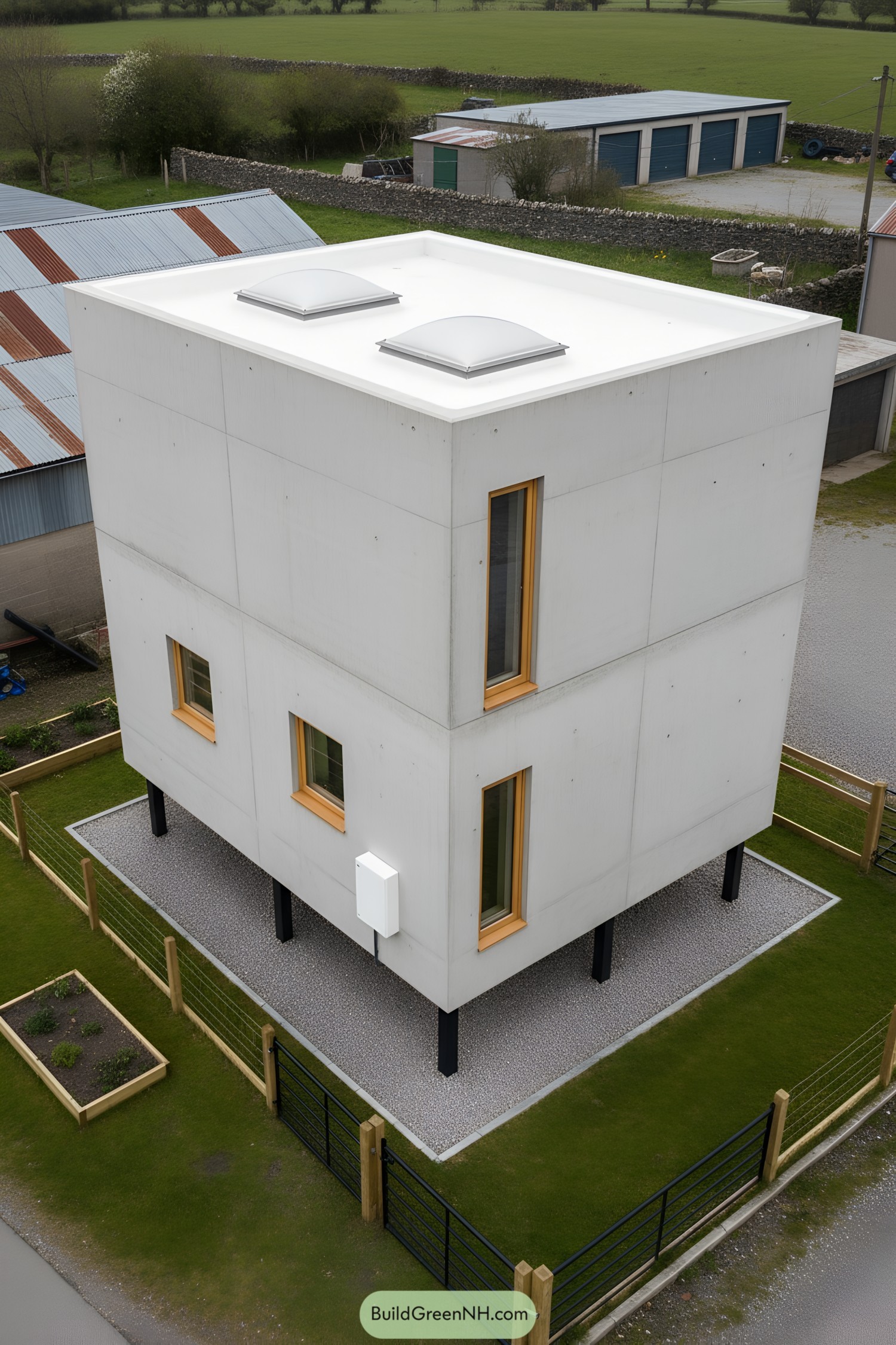 Two-story concrete micro-house on stilts