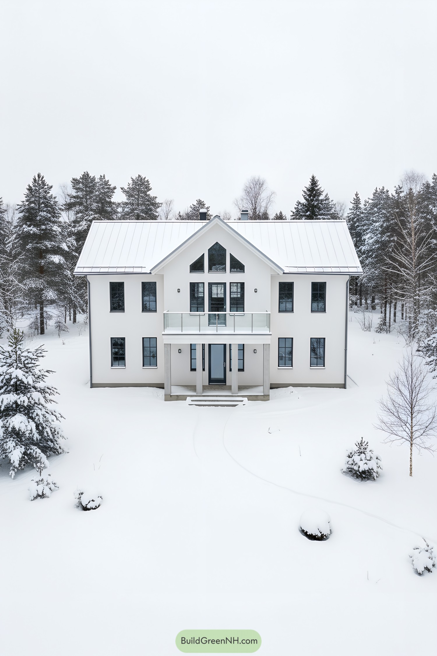 White modern cottage with central glass balcony in snow