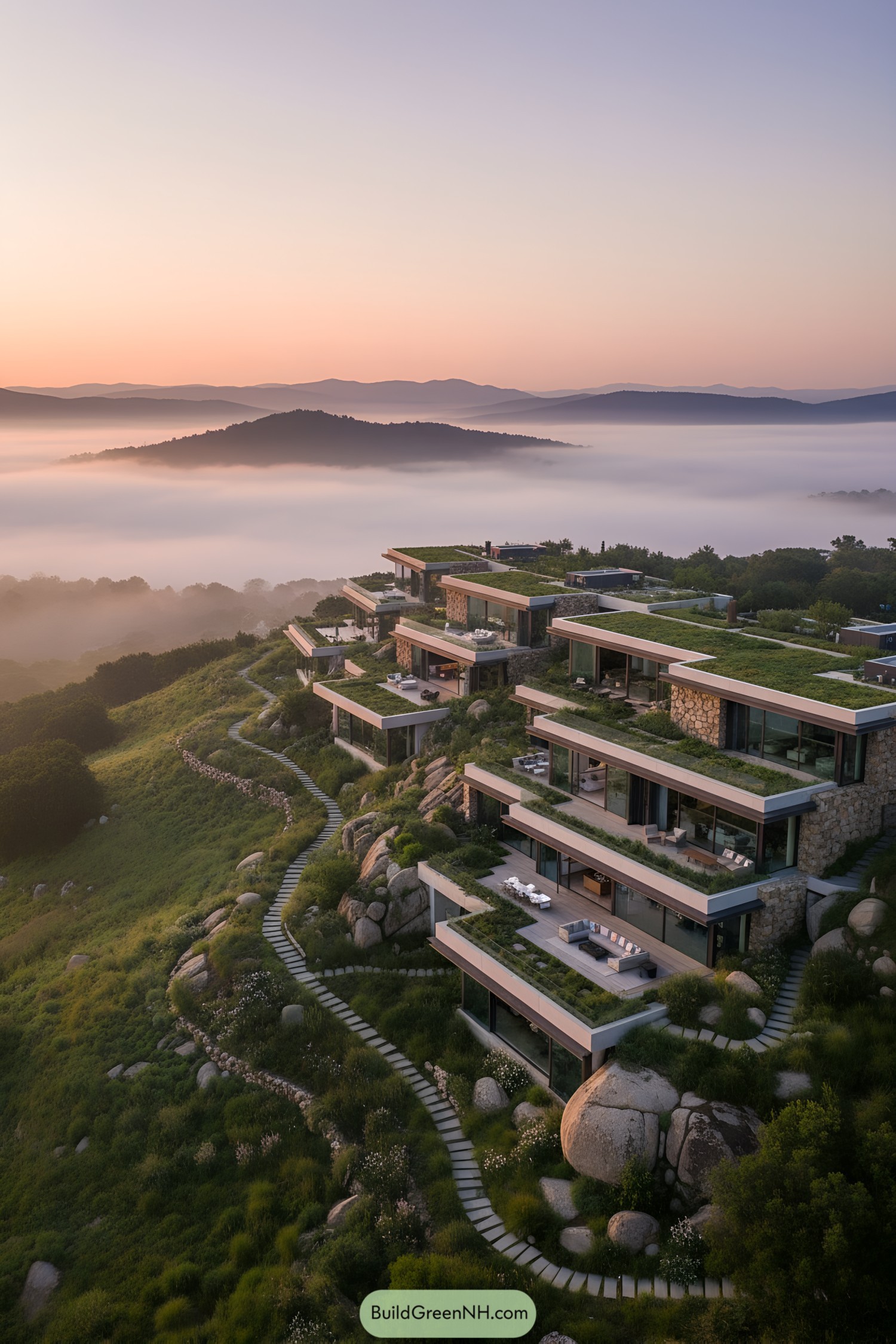 Modern hilltop house at sunrise, surrounded by mist and vibrant sky