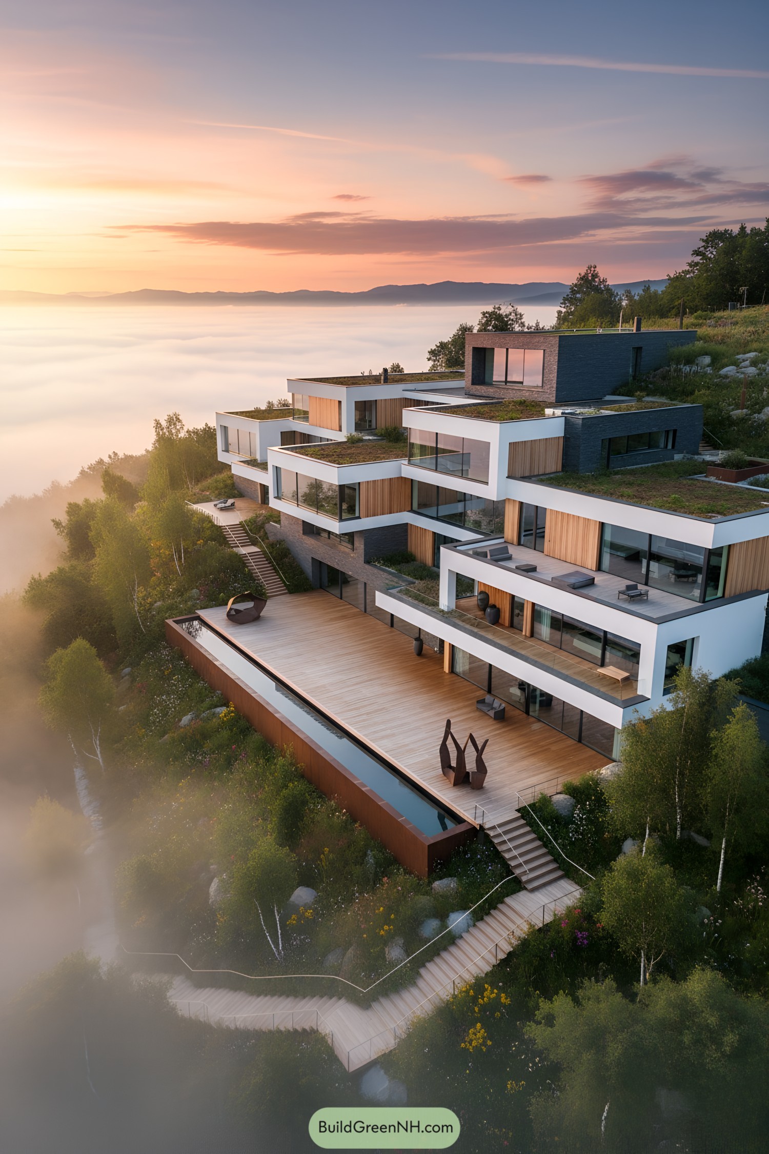 Modern house perched on a hill at sunrise with mist