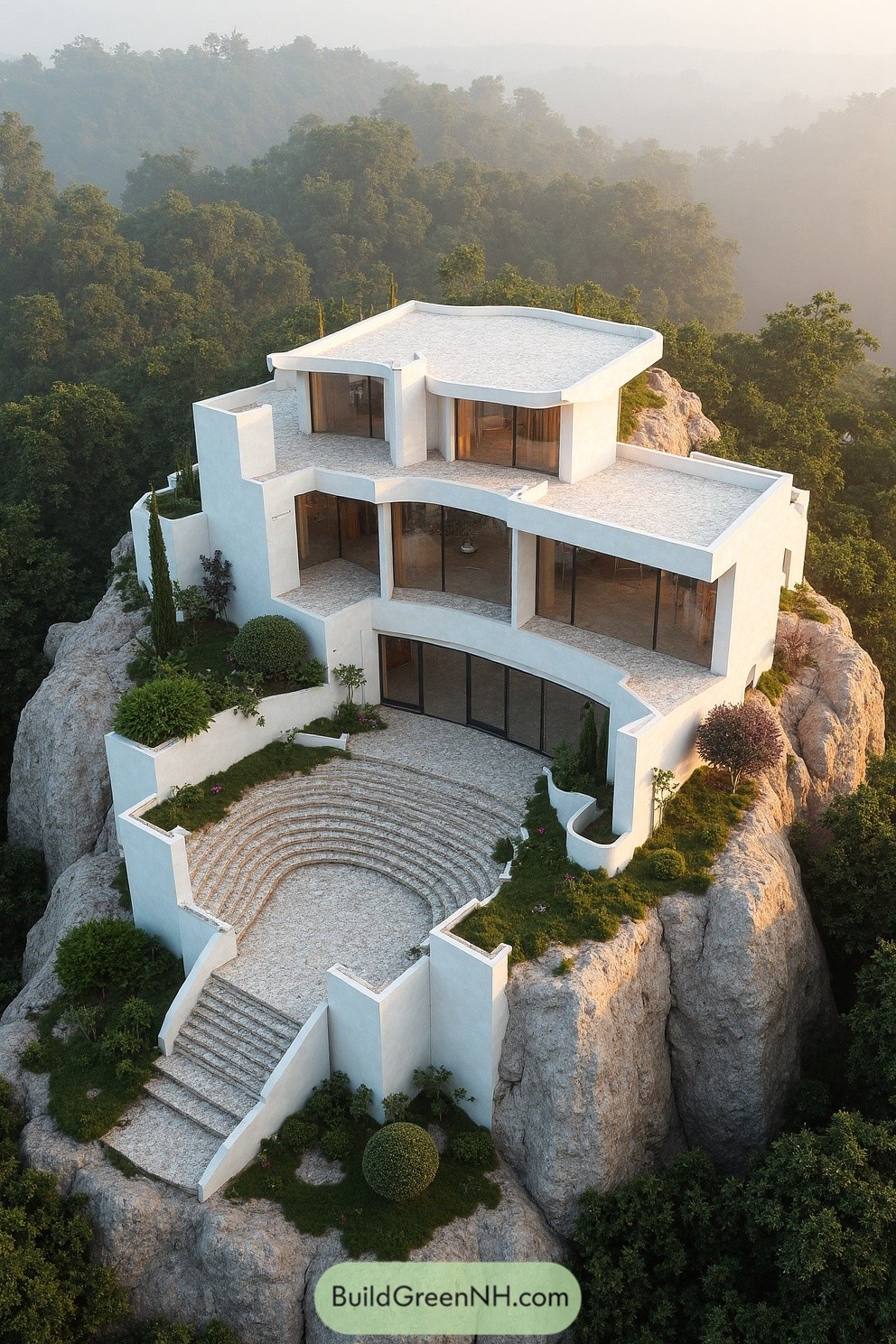 Modern house nestled on a rocky hillside enveloped in mist, capturing a serene sunrise
