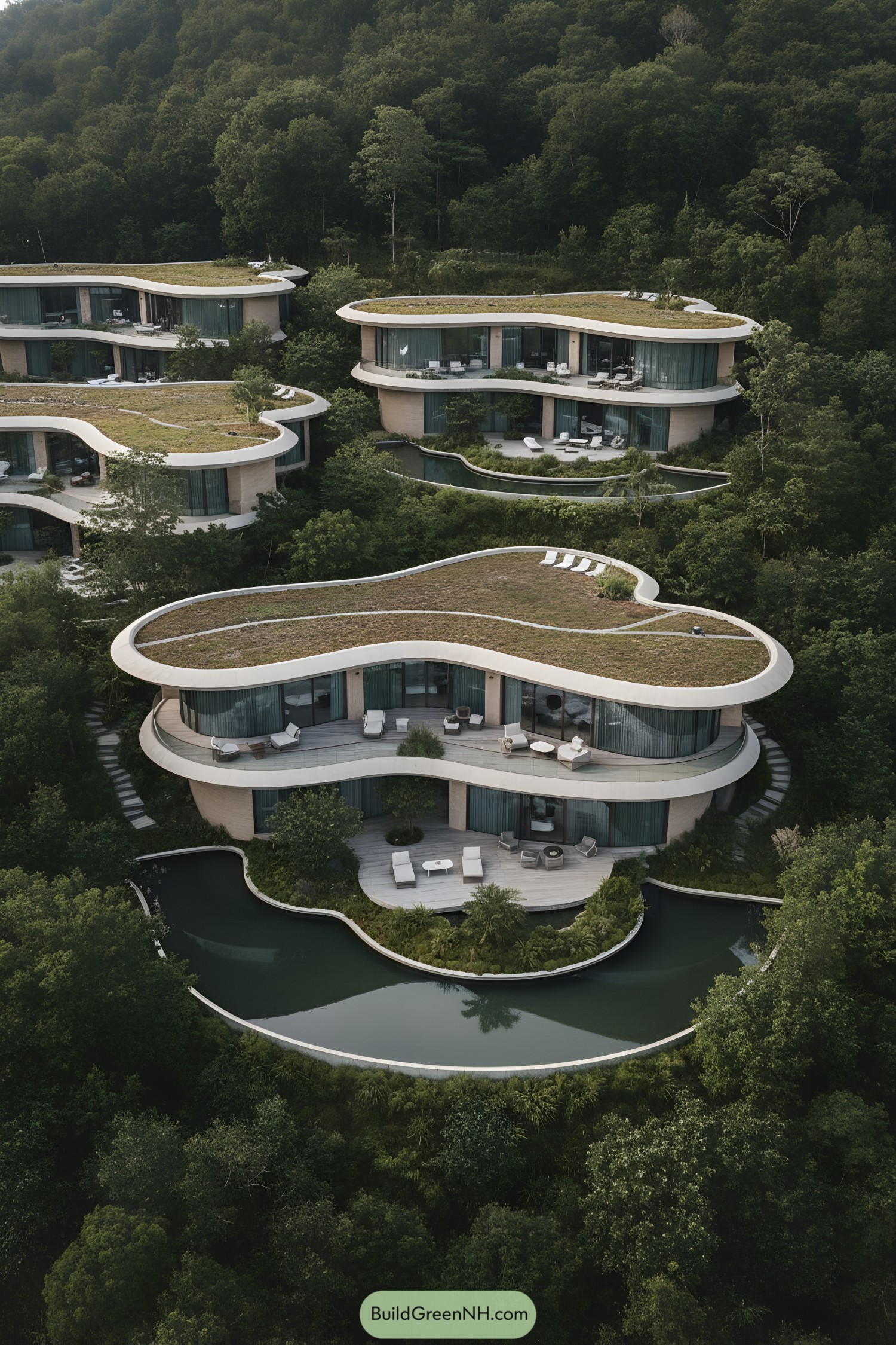 Organic green-roof villa with curving glass terraces and a lagoon-like pool in forest