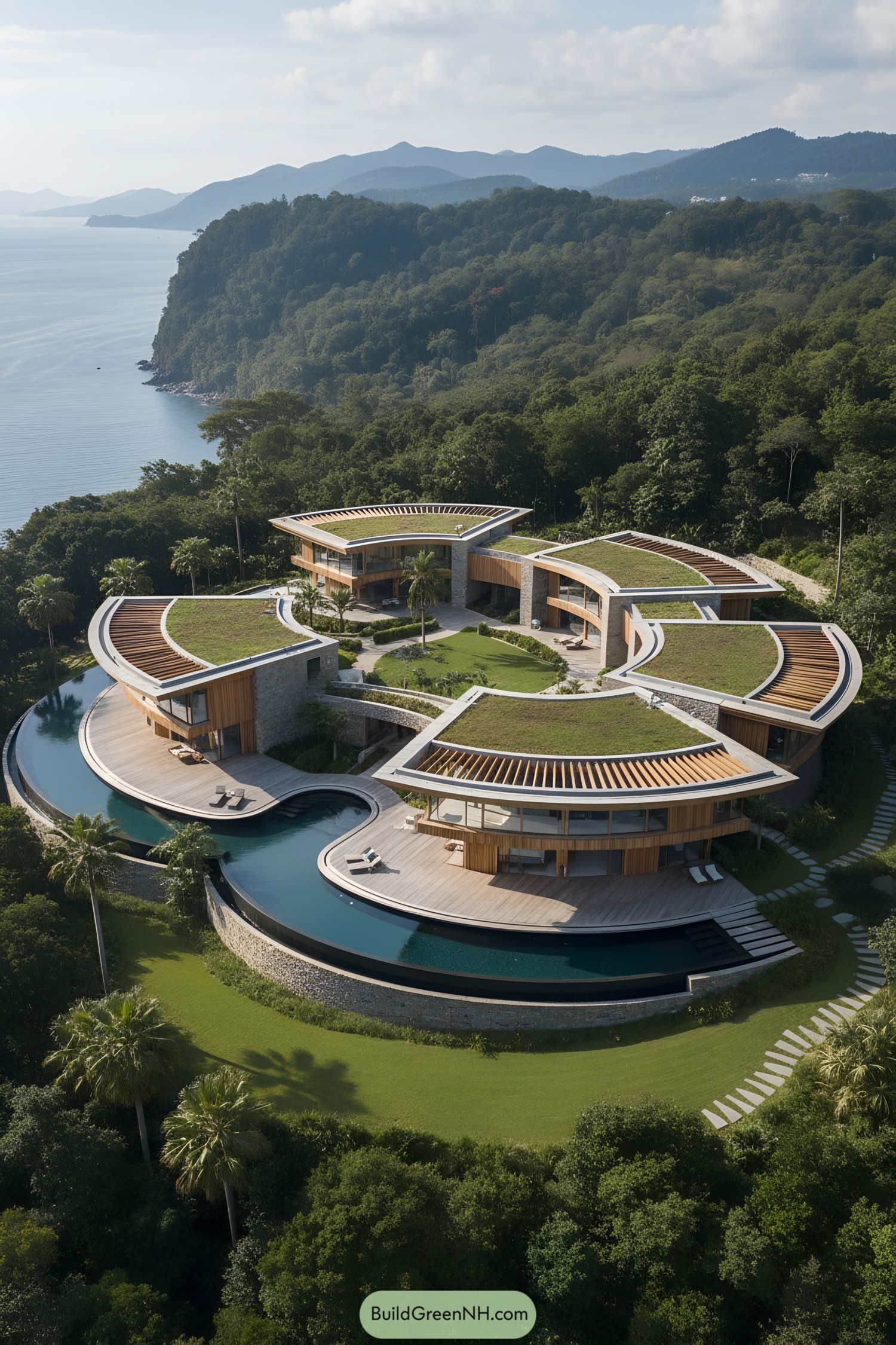 Curved green‑roof coastal home with stepped timber decks and a crescent lagoon pool