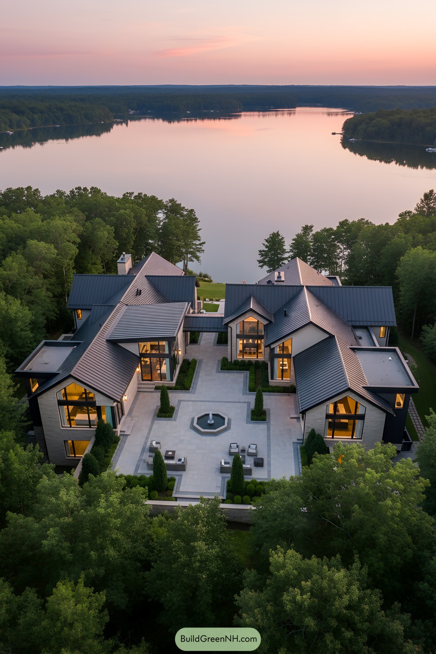 Lake house with modern design at sunset