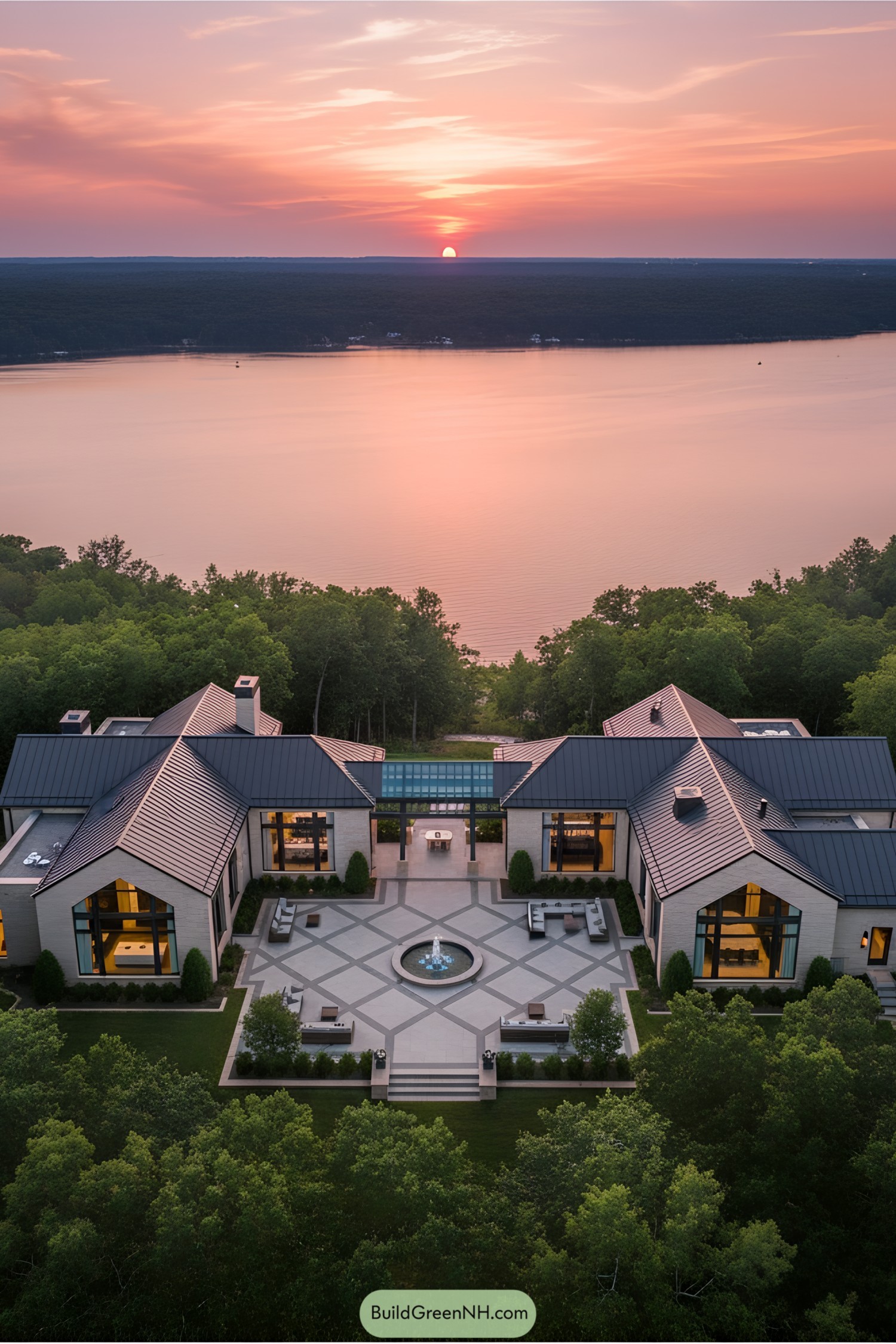 A luxurious modern lake house at sunset