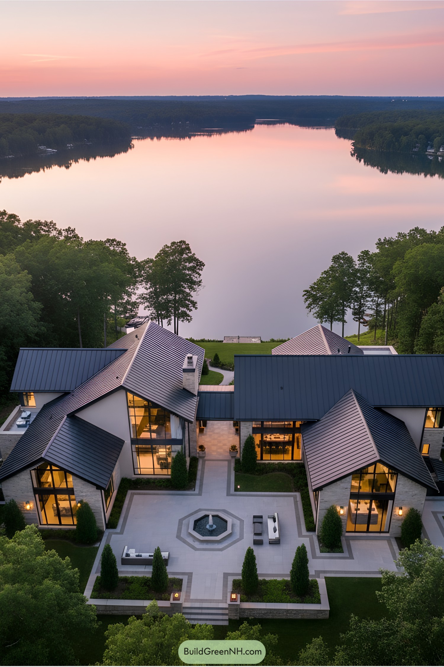 Modern lake house with black roofs and large glass windows overlooking a serene lake