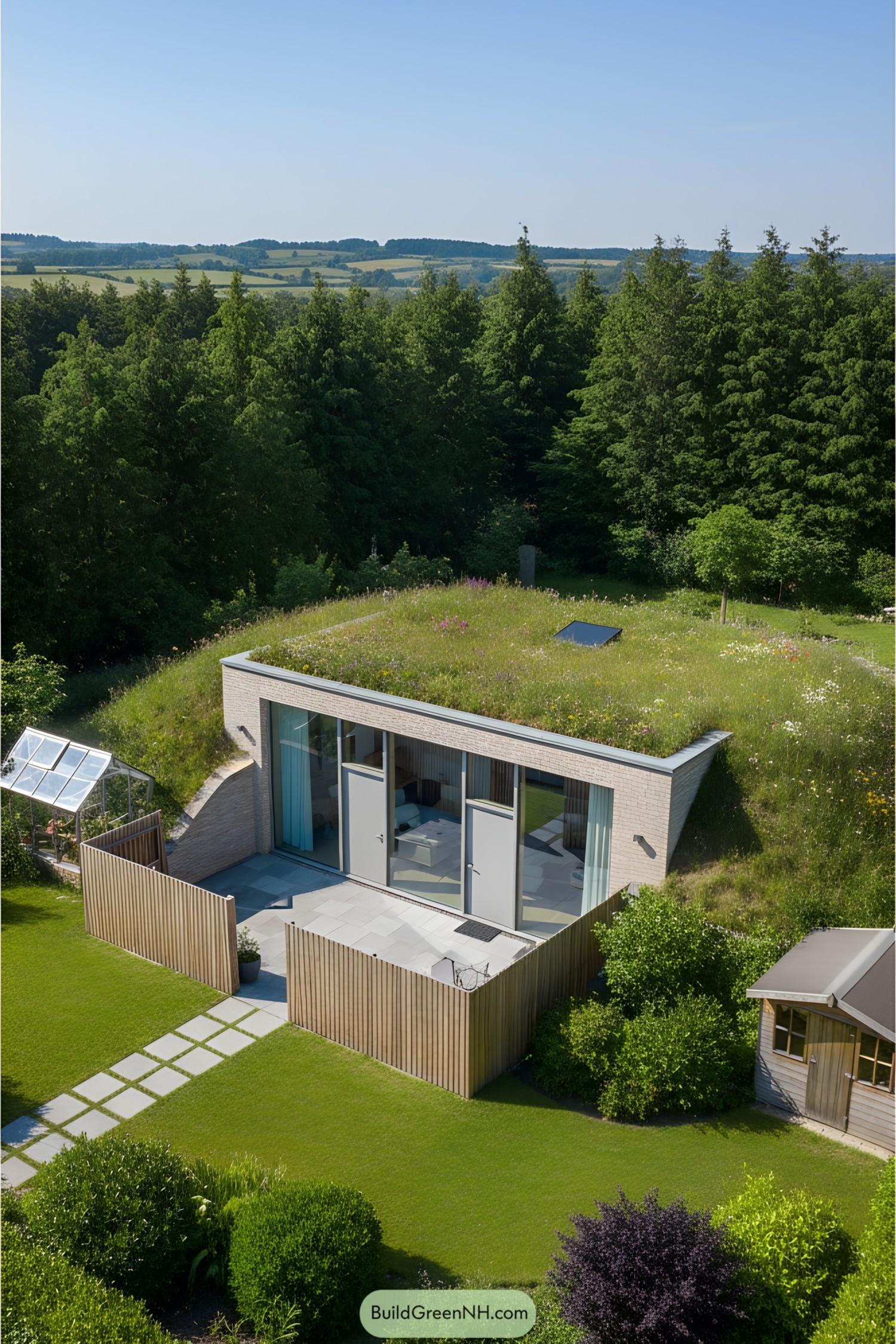 Grass-covered earth-sheltered house with large glass doors