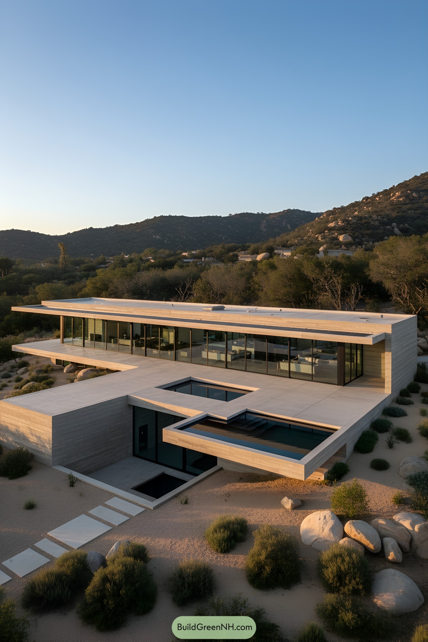 Low-slung concrete villa with cantilevered pool