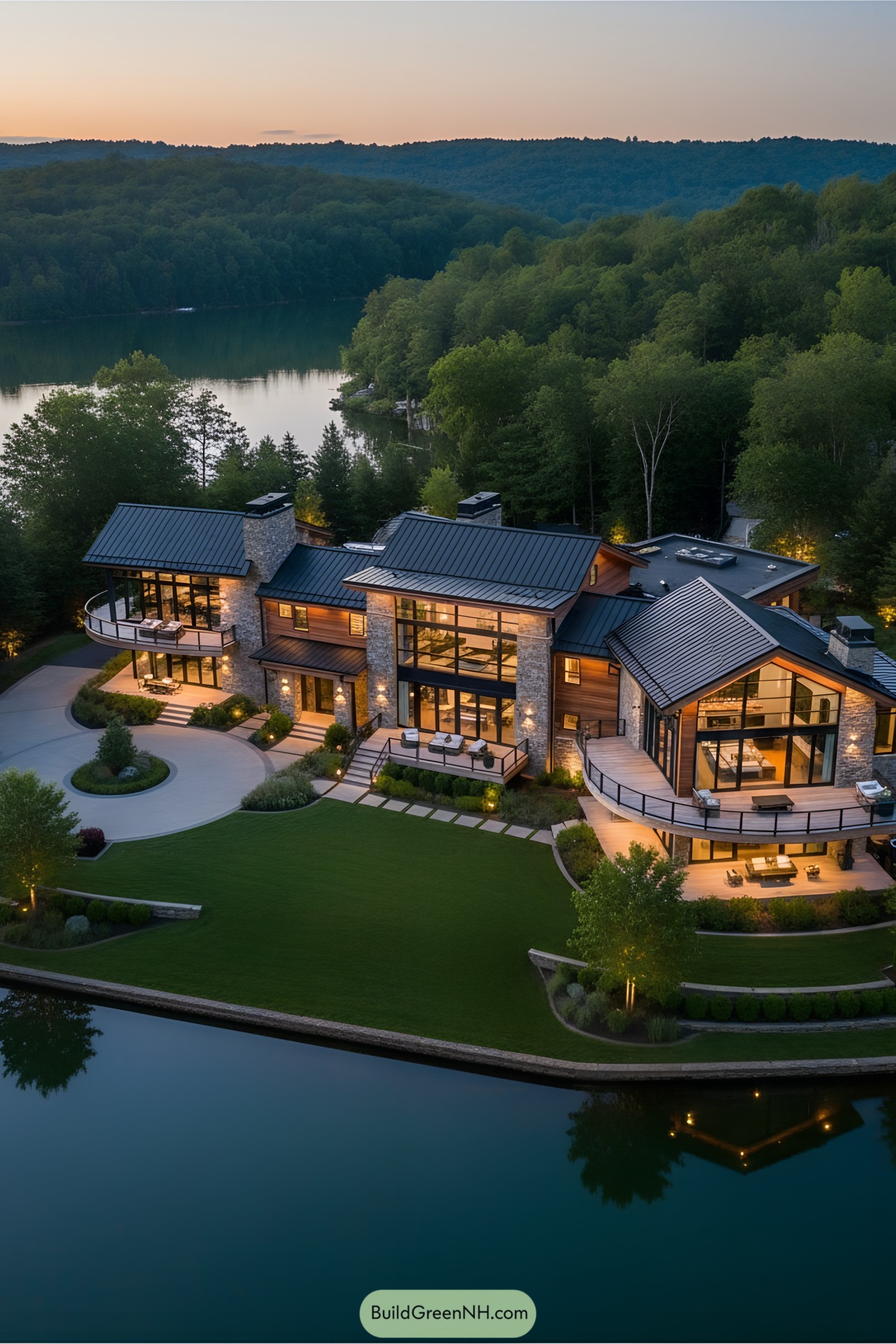 Spacious lakefront home with large windows and lush surroundings