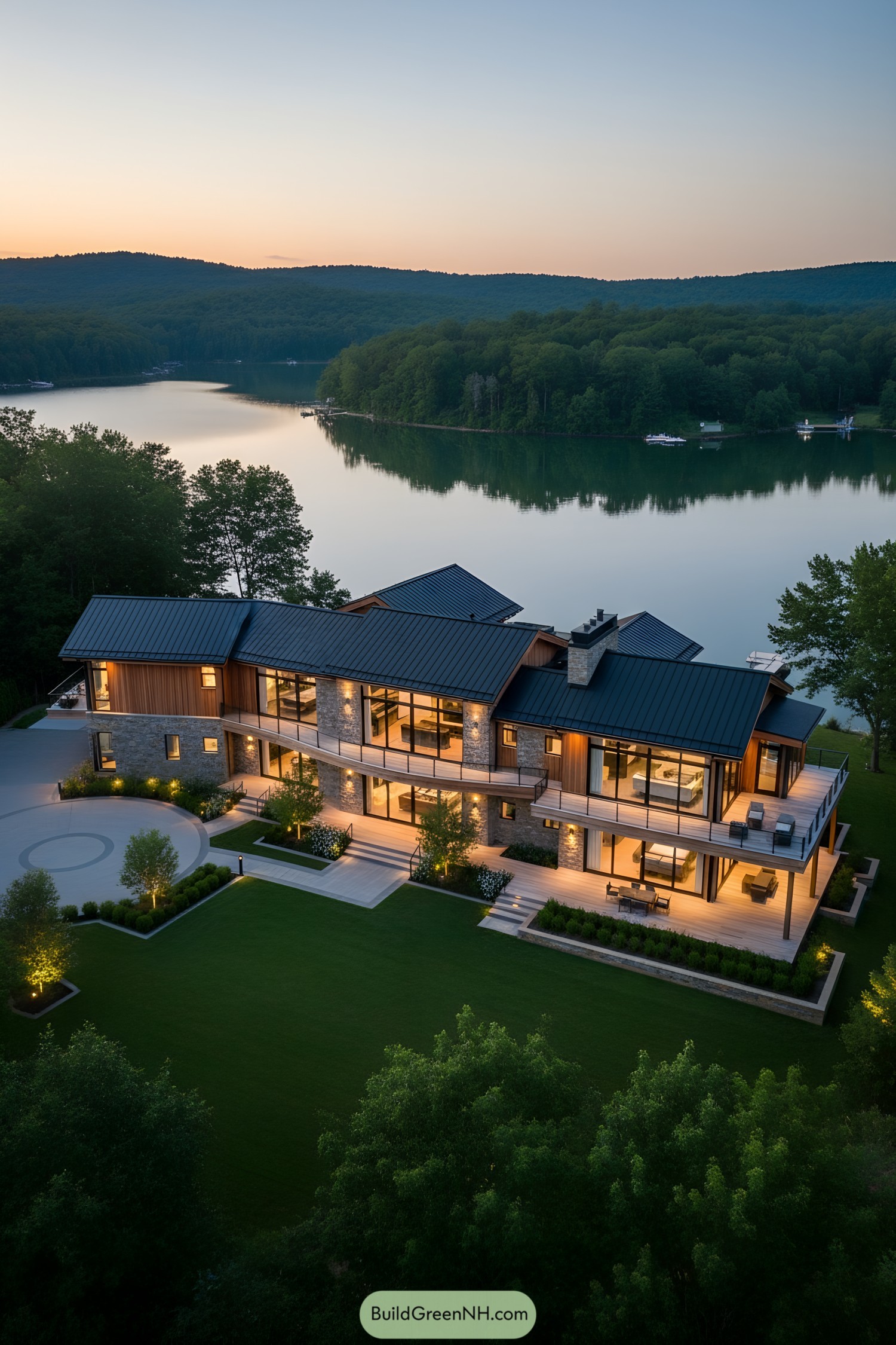 Modern lake house at dusk with large windows and a scenic view