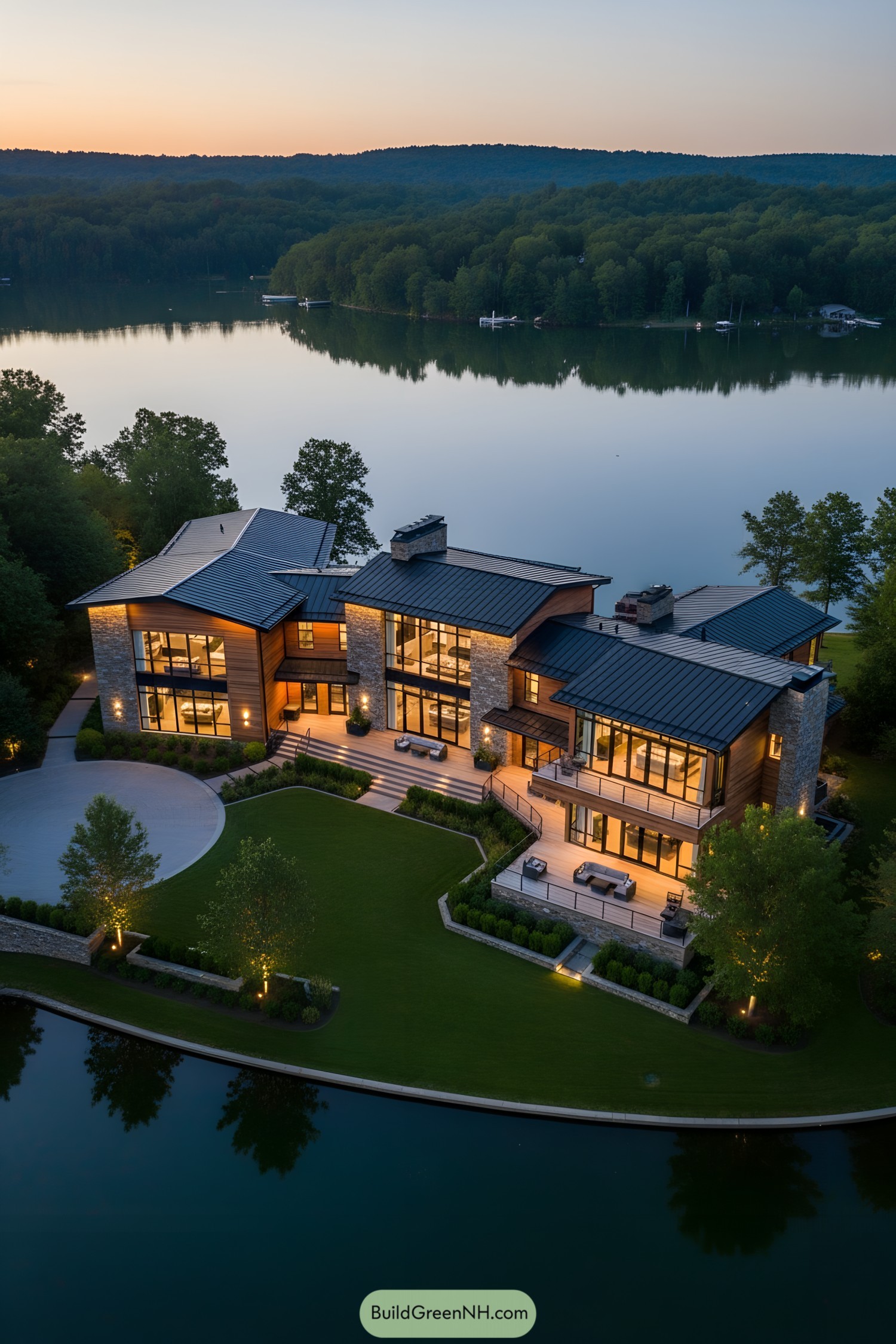 Large contemporary house with glowing lights by a serene lake