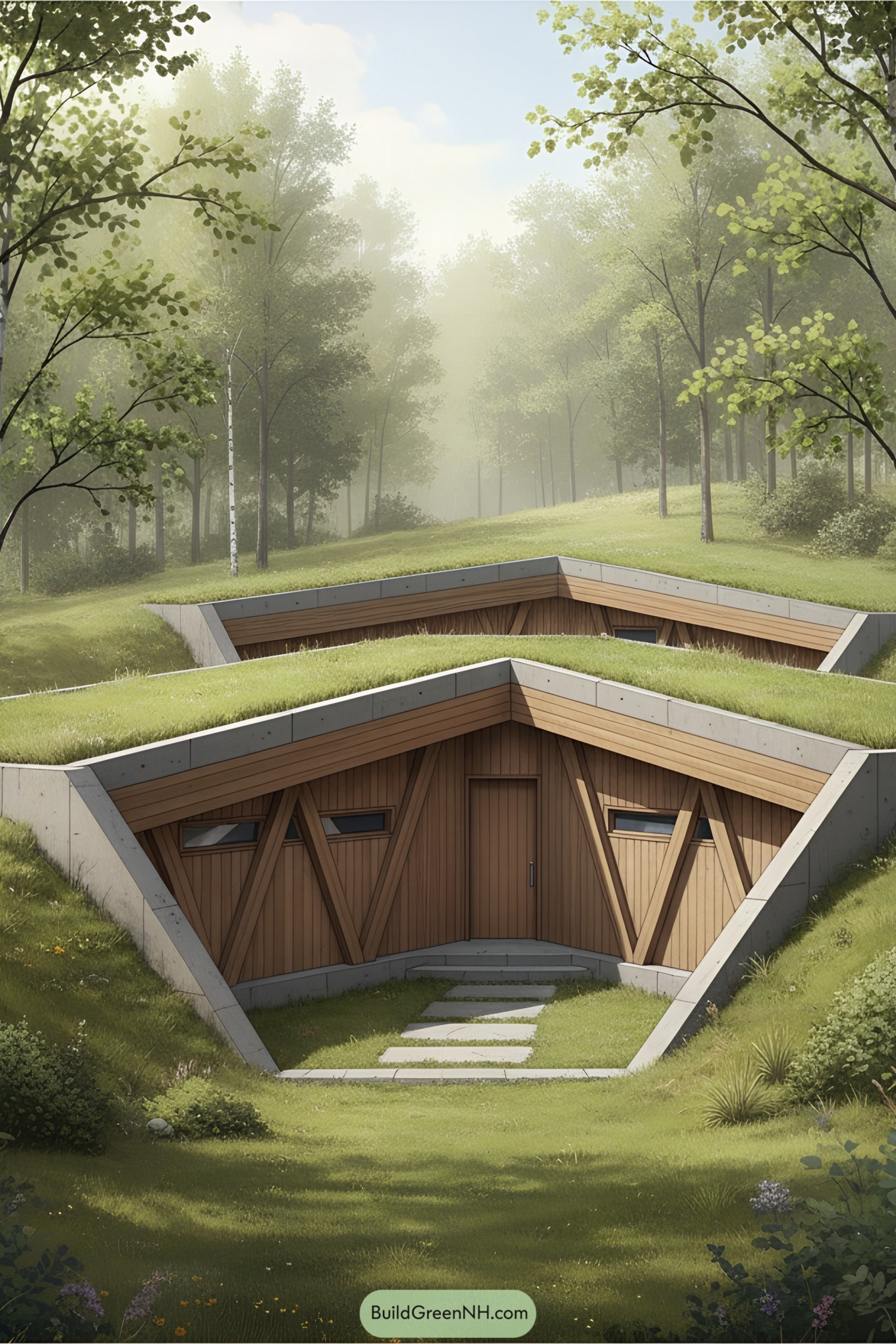 Wooden entrance of an underground house with a lush green roof