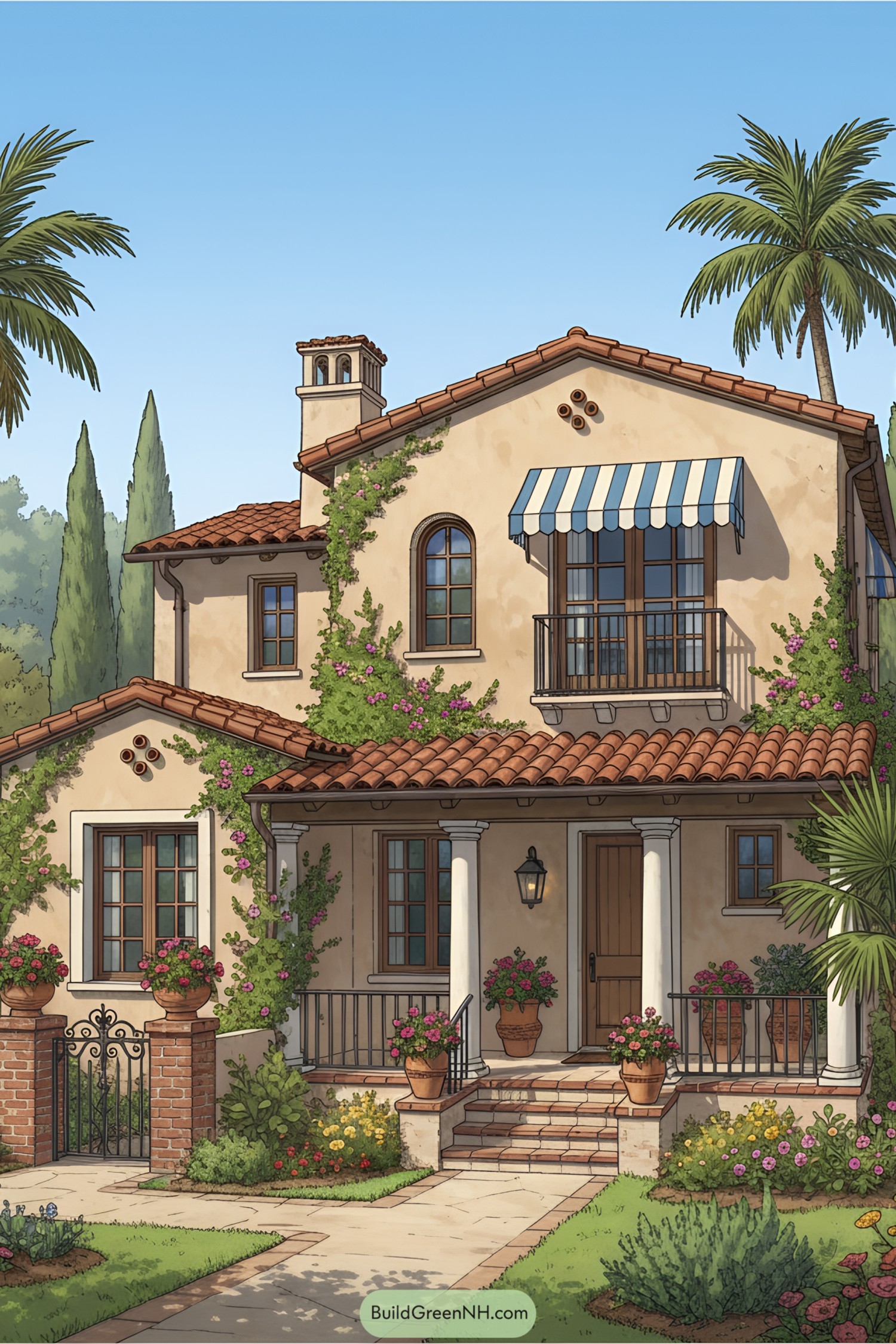 Charming Mediterranean house with terracotta roof, vines, and a blue striped awning