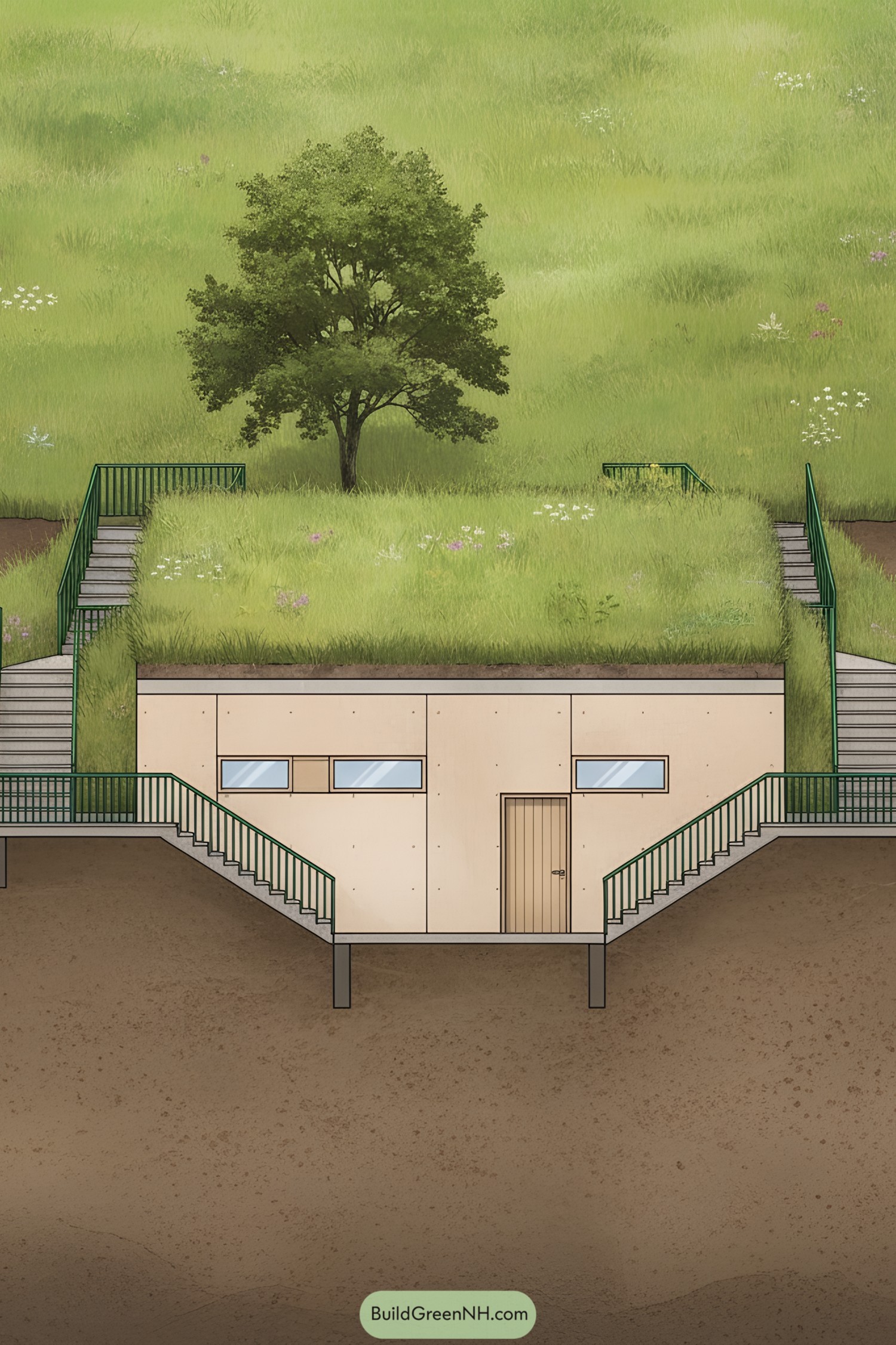 Eco-friendly underground house with stairs and greenery