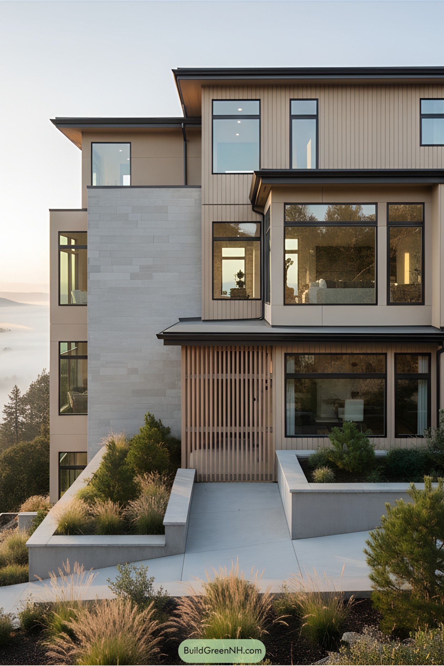 Modern house perched on a misty hill with vibrant morning sky