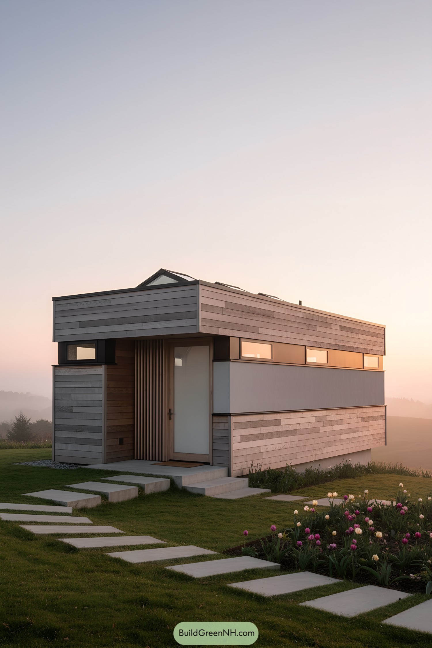 Modern house on a hill during sunrise with colorful sky