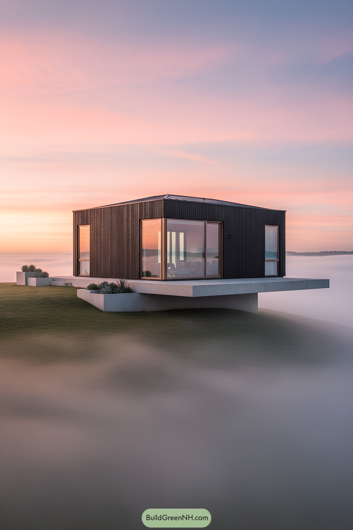 Modern house on a hill with mist and sunrise