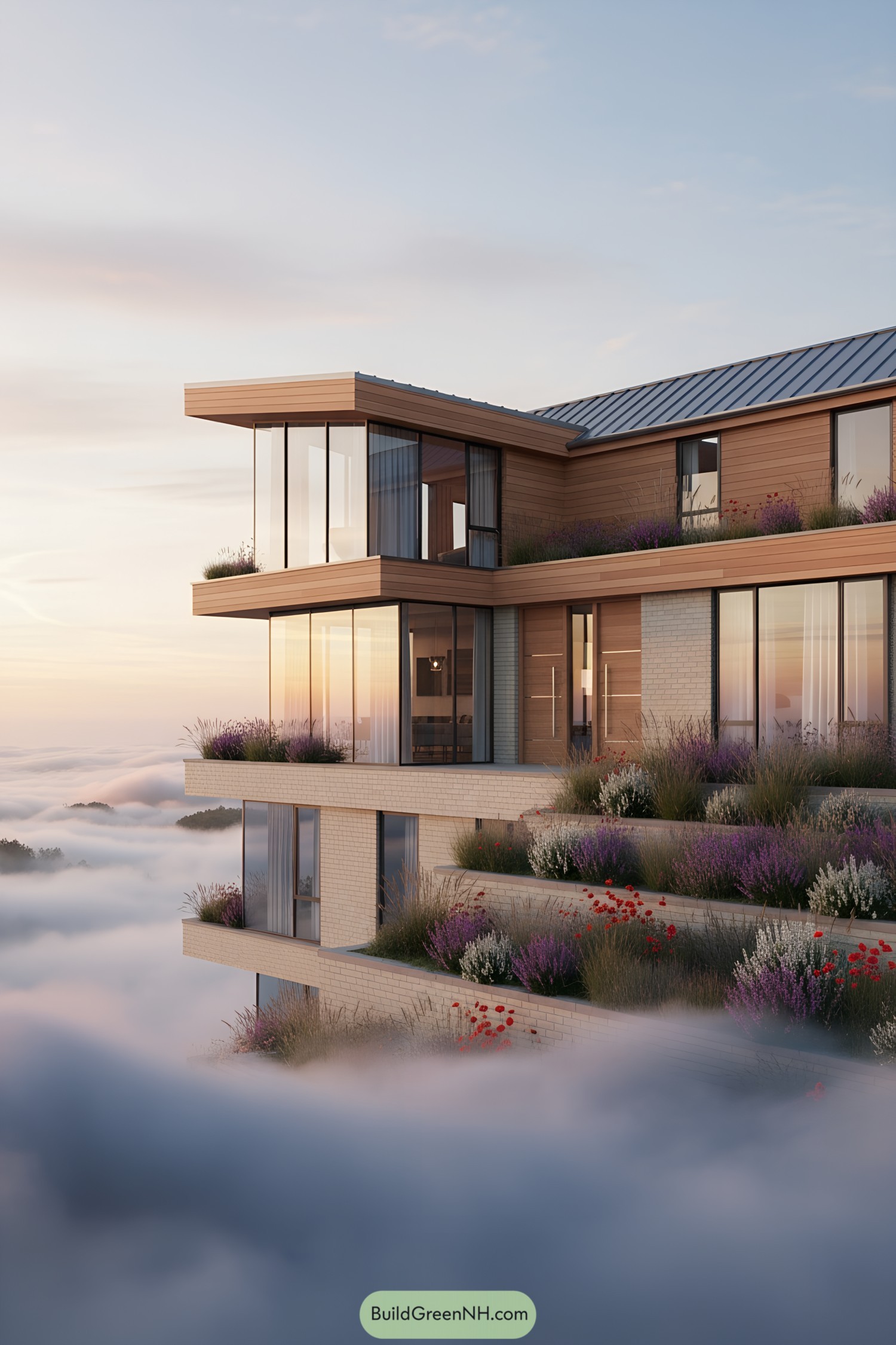 Modern house perched on a hill amid misty surroundings and a colorful sunrise sky