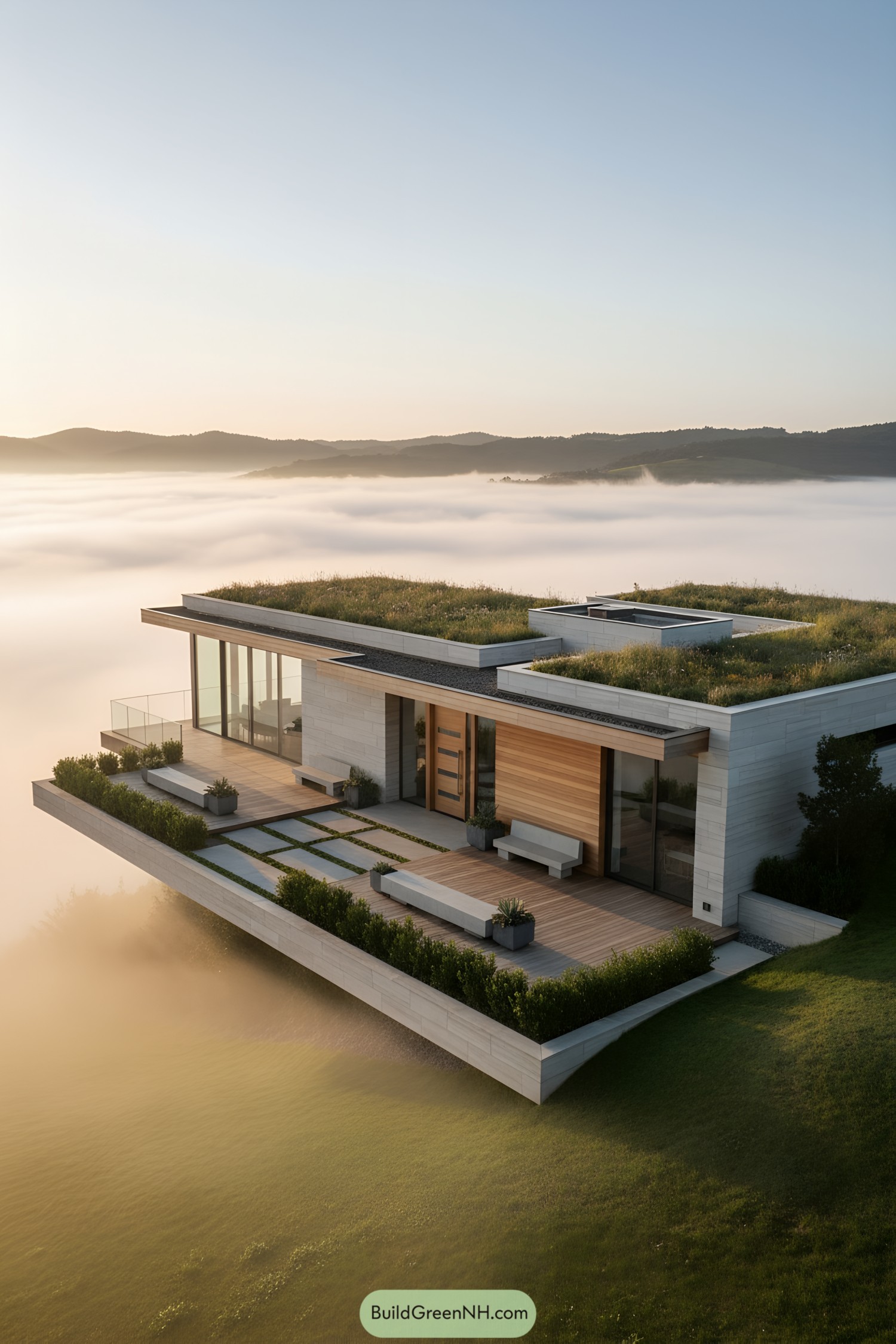 Modern house on a mist-covered hill with sunrise skies