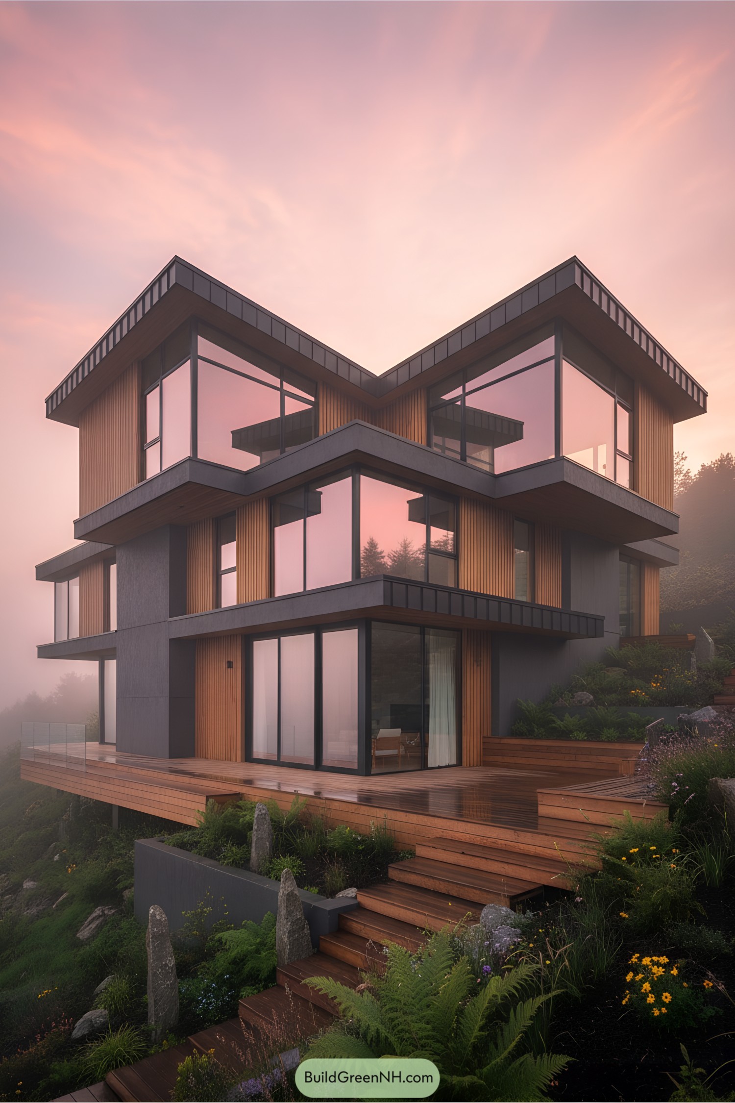 Modern house on a misty hillside with a colorful sunrise sky