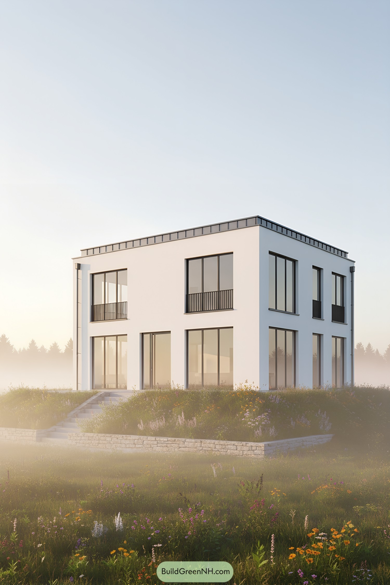 Modern house on a misty hill with a vibrant sunrise in the background
