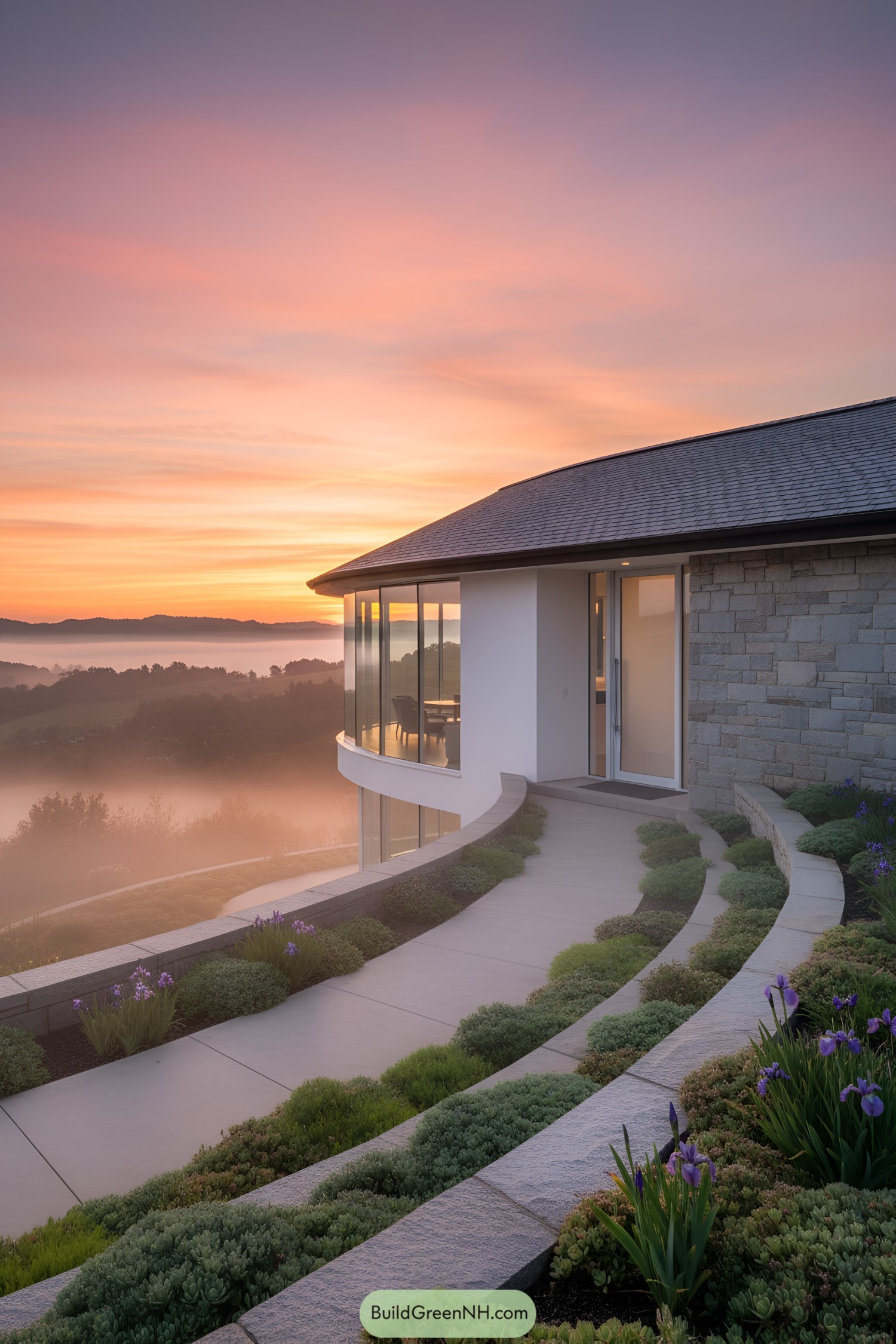 Modern house on a hill during a colorful sunrise