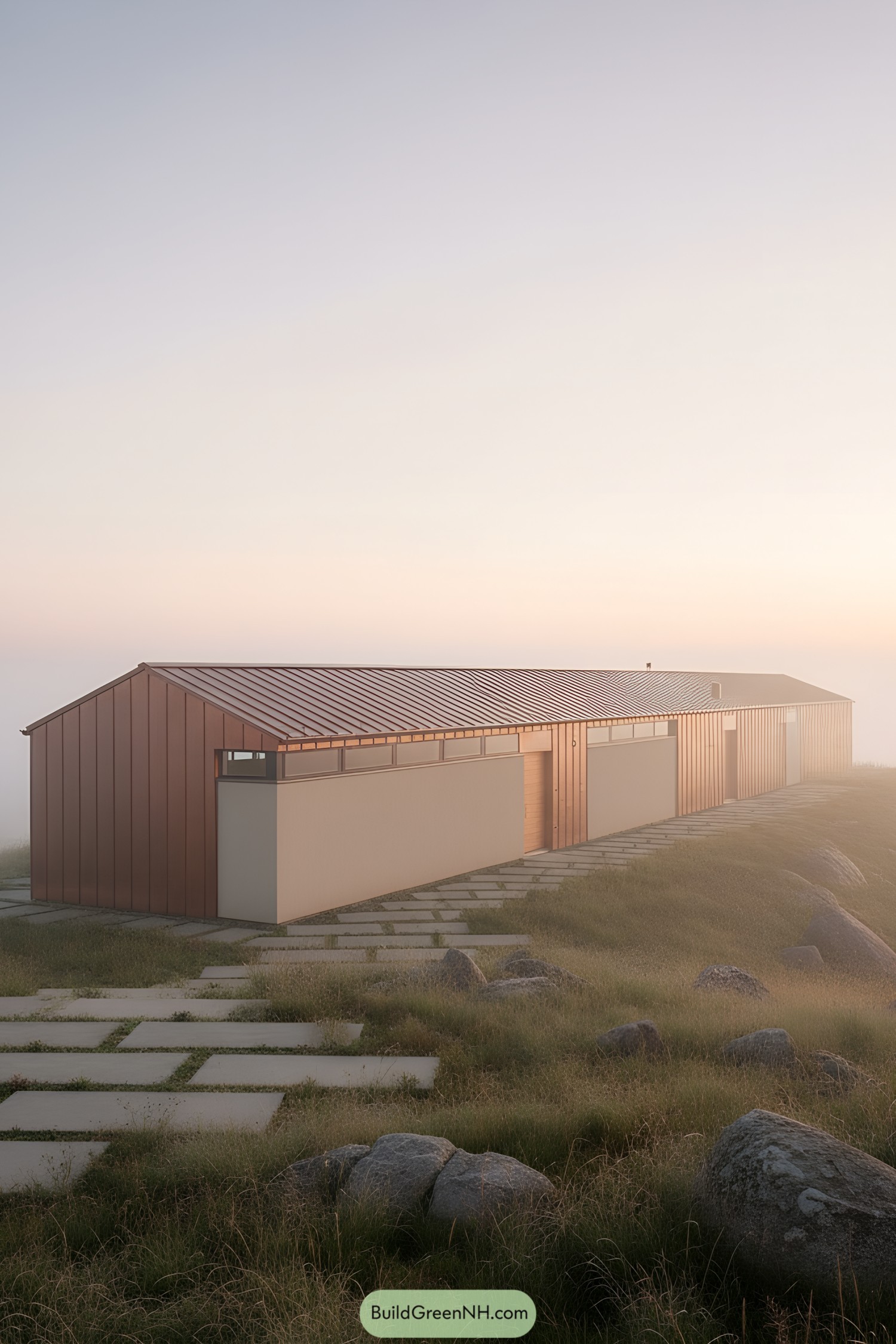 Modern house on a misty hill with sunrise colors