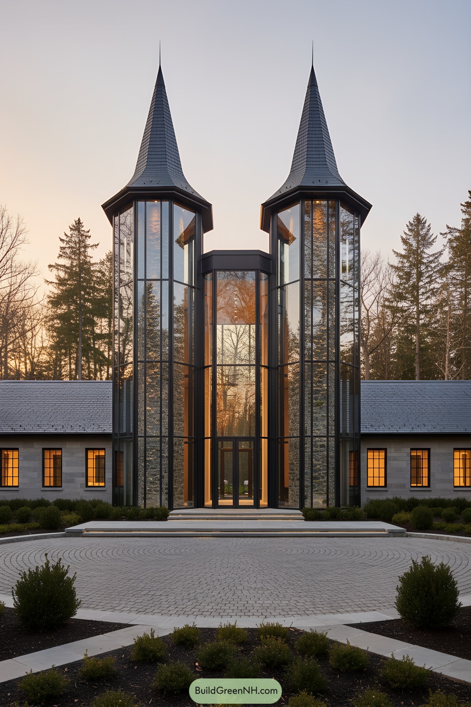 Tall glass turrets with slate spires flank a transparent entry hall at dusk