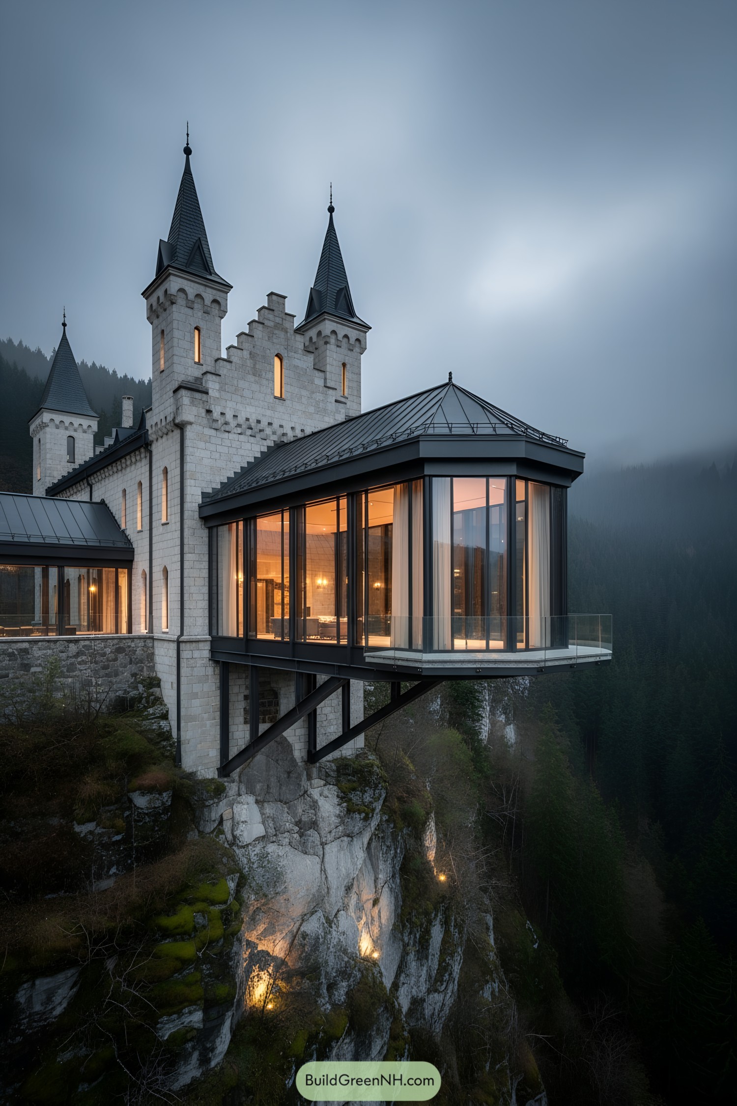 Glass-walled cantilevered wing on cliffside castle