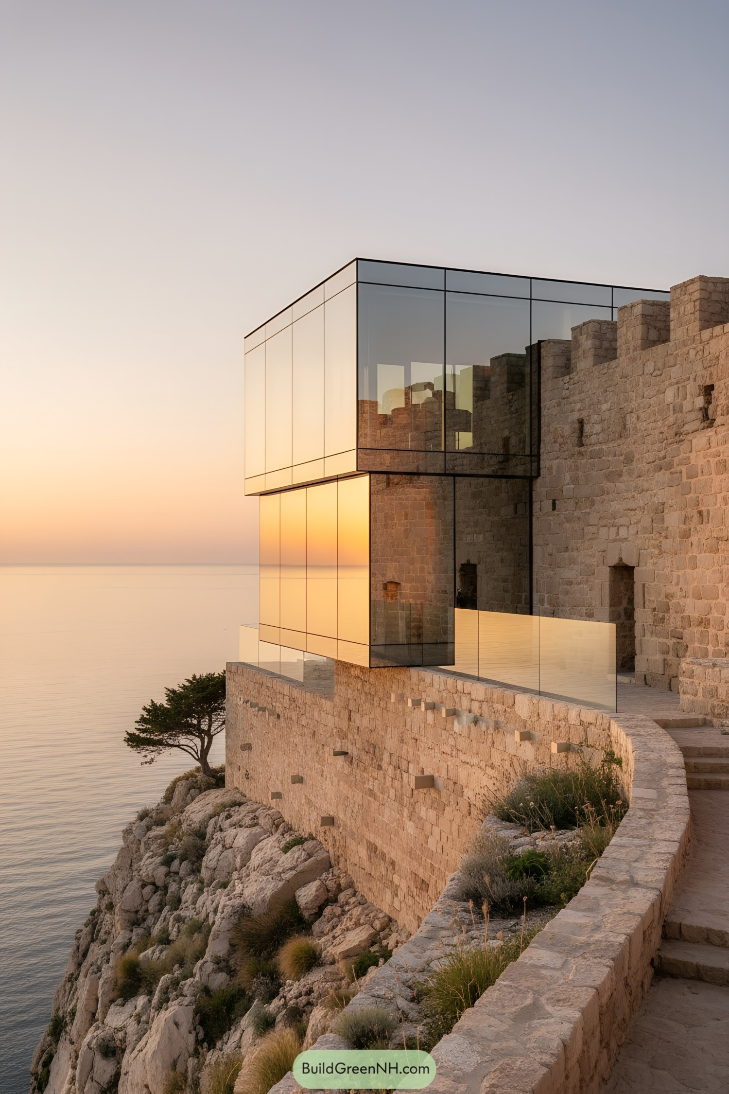 Glass pavilion cantilevered from stone cliffside