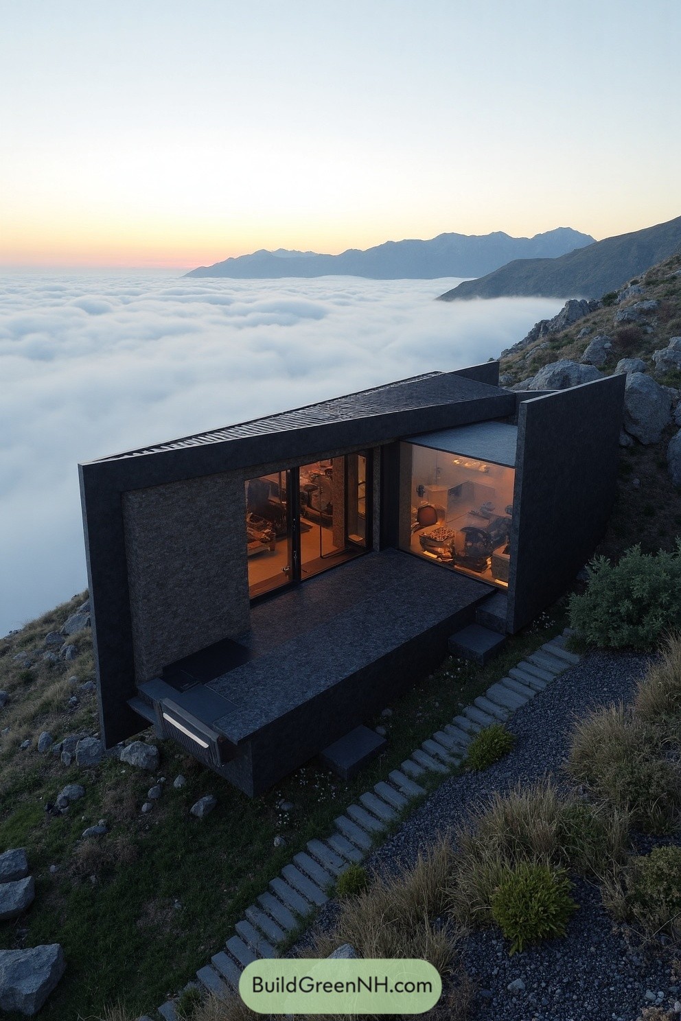 Modern house on a hill above a blanket of clouds at sunrise