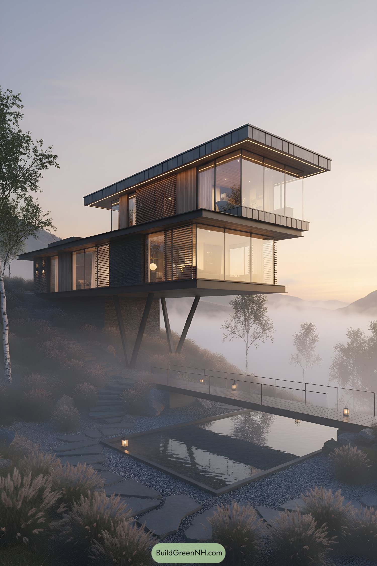 Modern house on a hill during misty sunrise