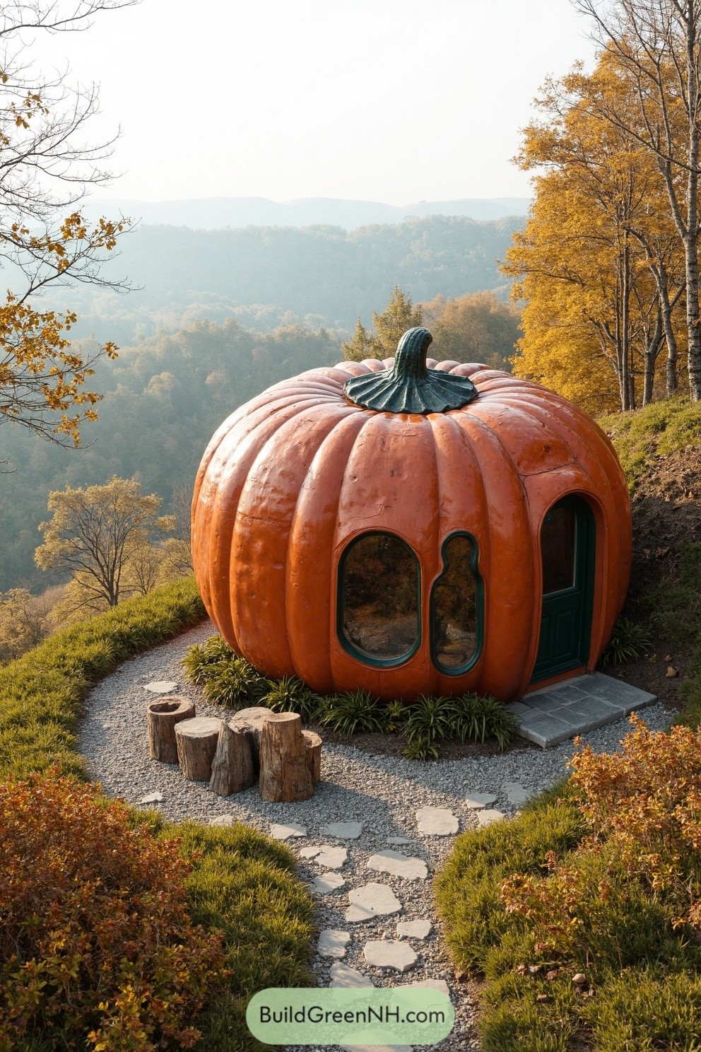 Cozy cabin shaped like a pumpkin on a hillside