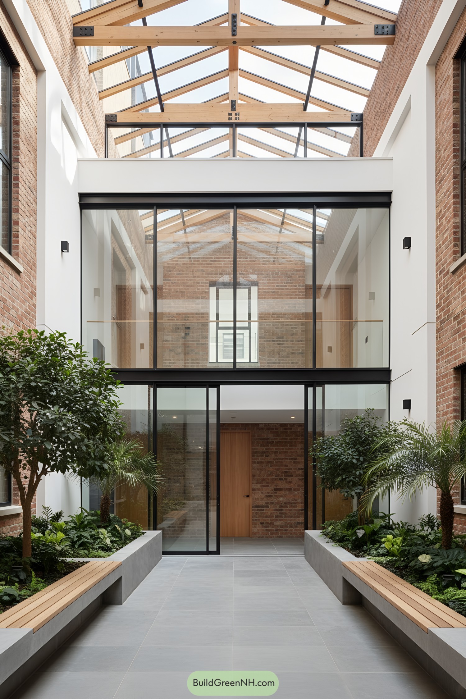Contemporary indoor courtyard with lush greenery and modern architecture
