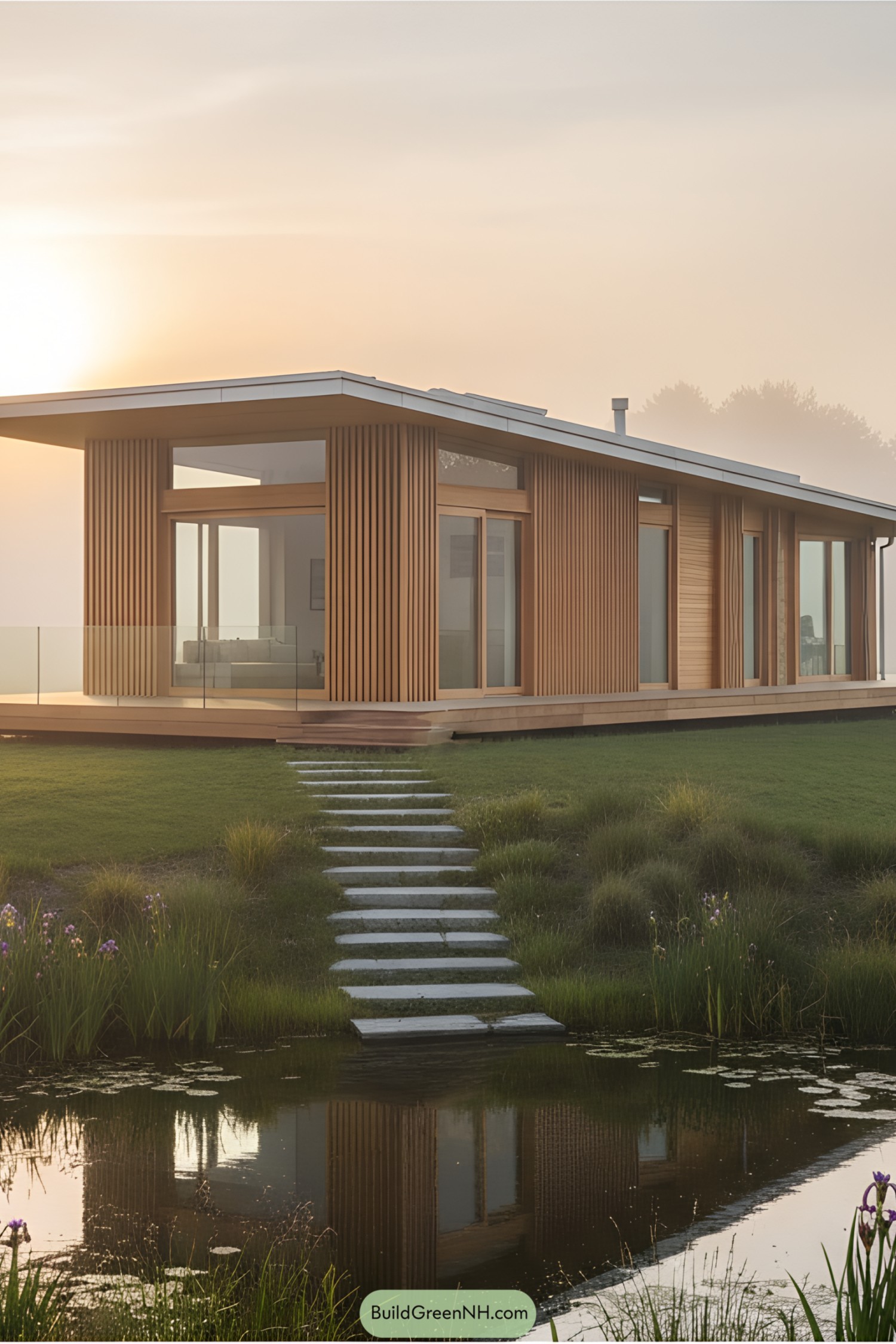 Modern house perched on a hill with misty clouds and a sunrise backdrop