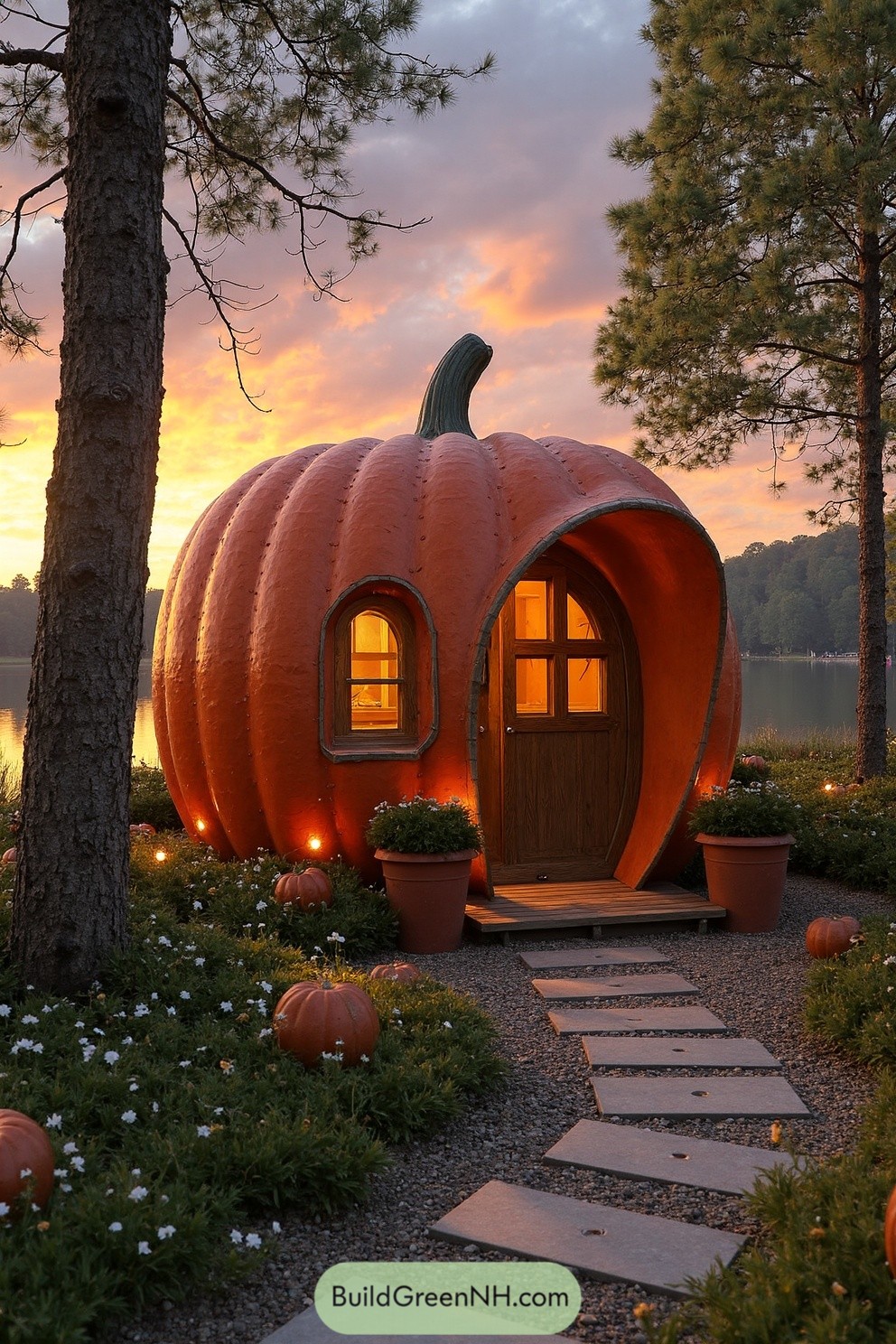 Cabin shaped like a giant pumpkin with glowing windows at sunset