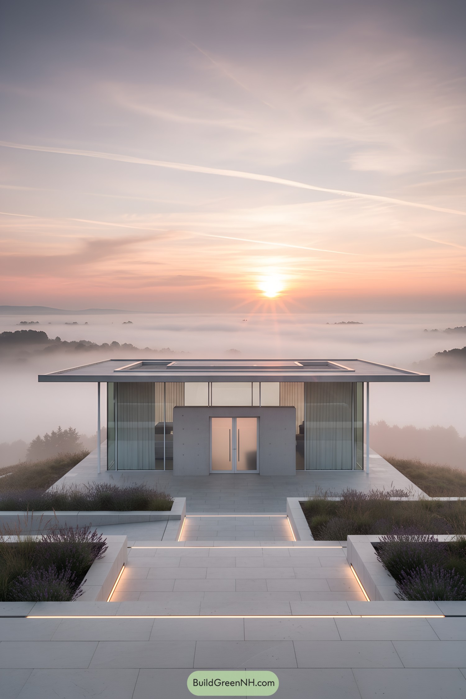 Sleek modern house on a hill during a misty sunrise
