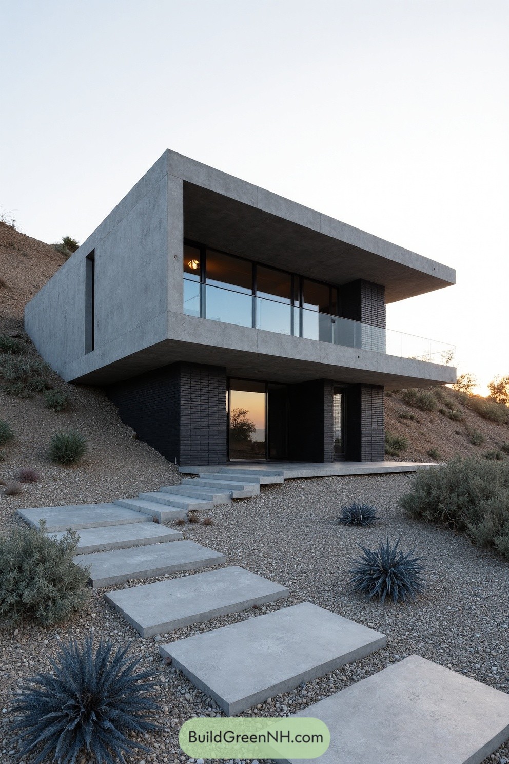Modern house on a hillside during misty sunrise