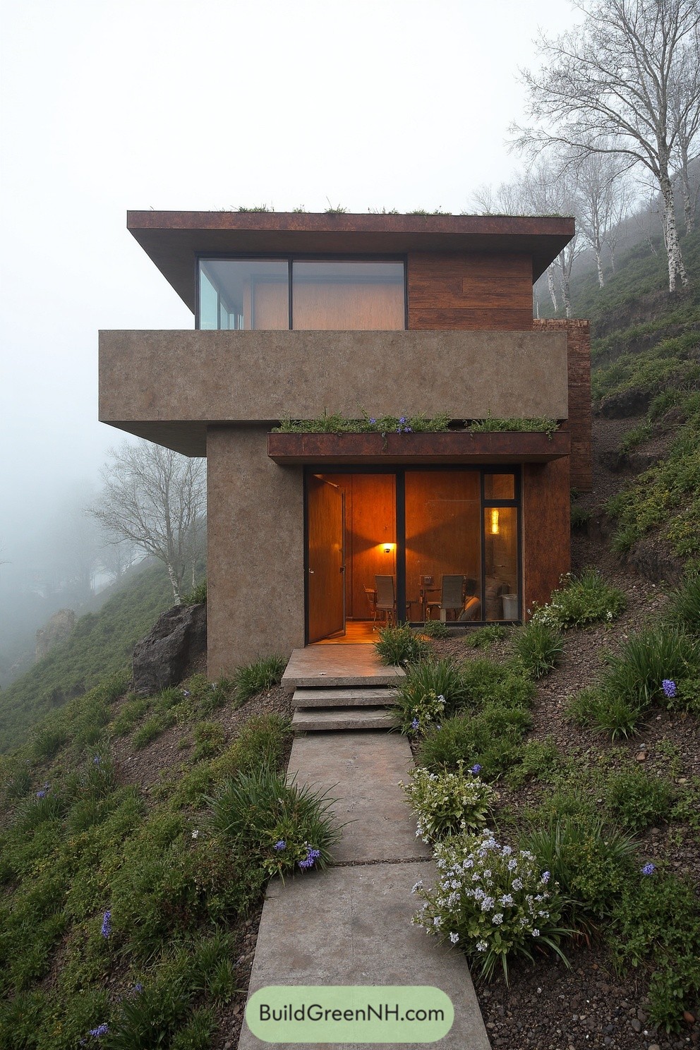 Modern house nestled on a misty hillside at dawn