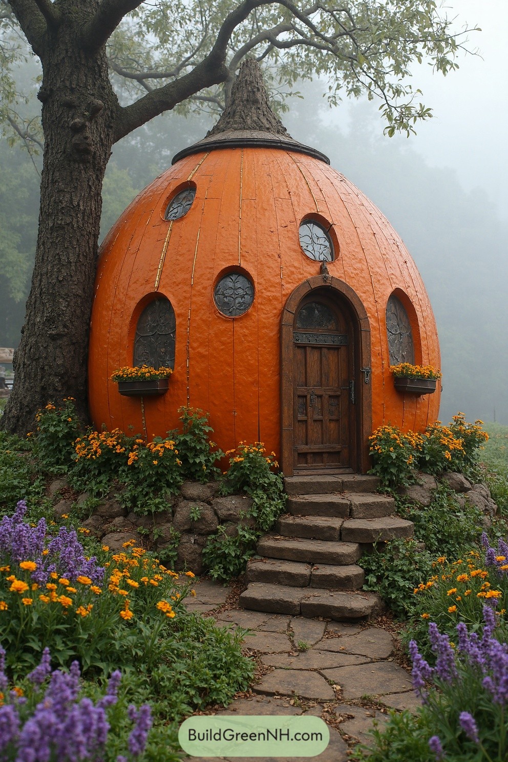 Round orange cabin resembling a pumpkin with wooden door and circular windows