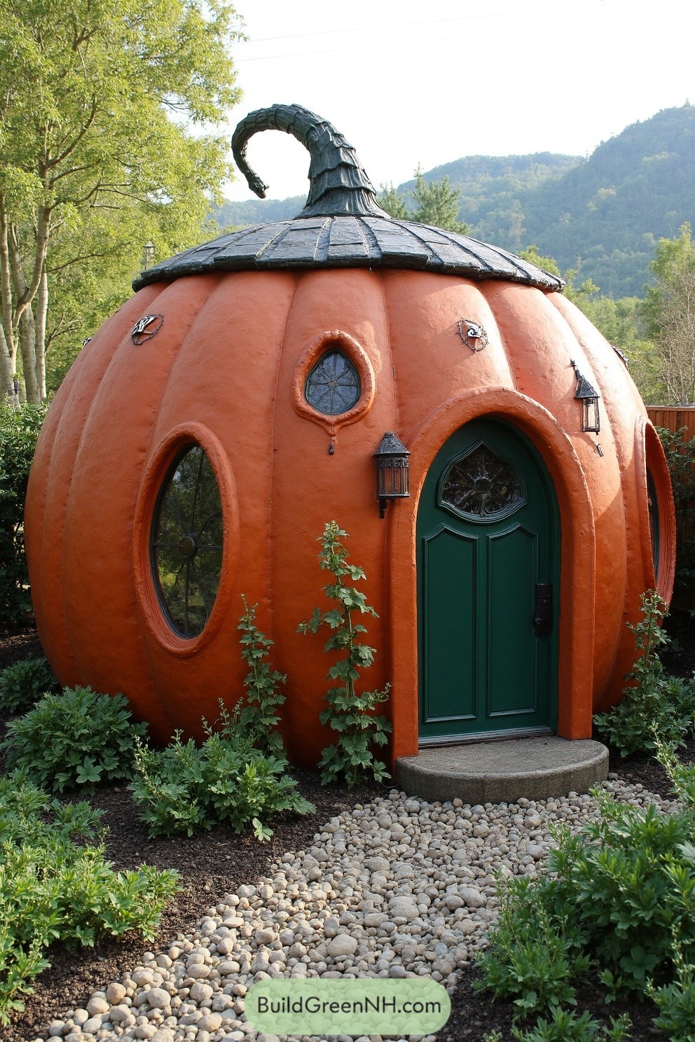 Whimsical pumpkin-shaped cabin with a green door and charming windows