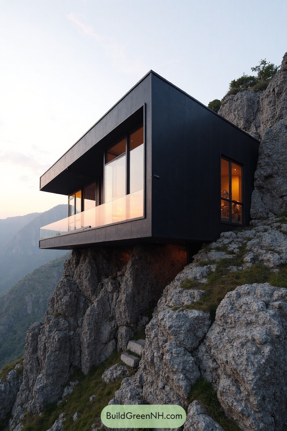 Modern house perched on rocky hill at sunrise
