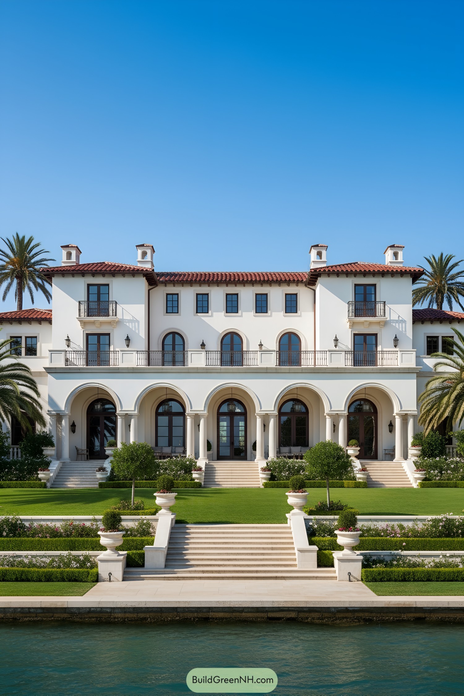 Luxurious mansion with arched windows and lush gardens