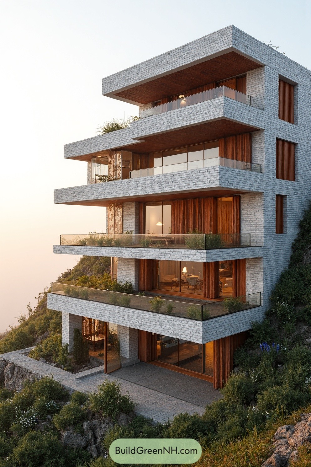 Modern house on a hill enveloped in morning mist