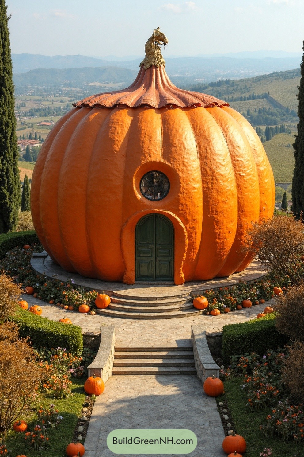 Pumpkin-shaped cabin with circular door and window surrounded by gardens