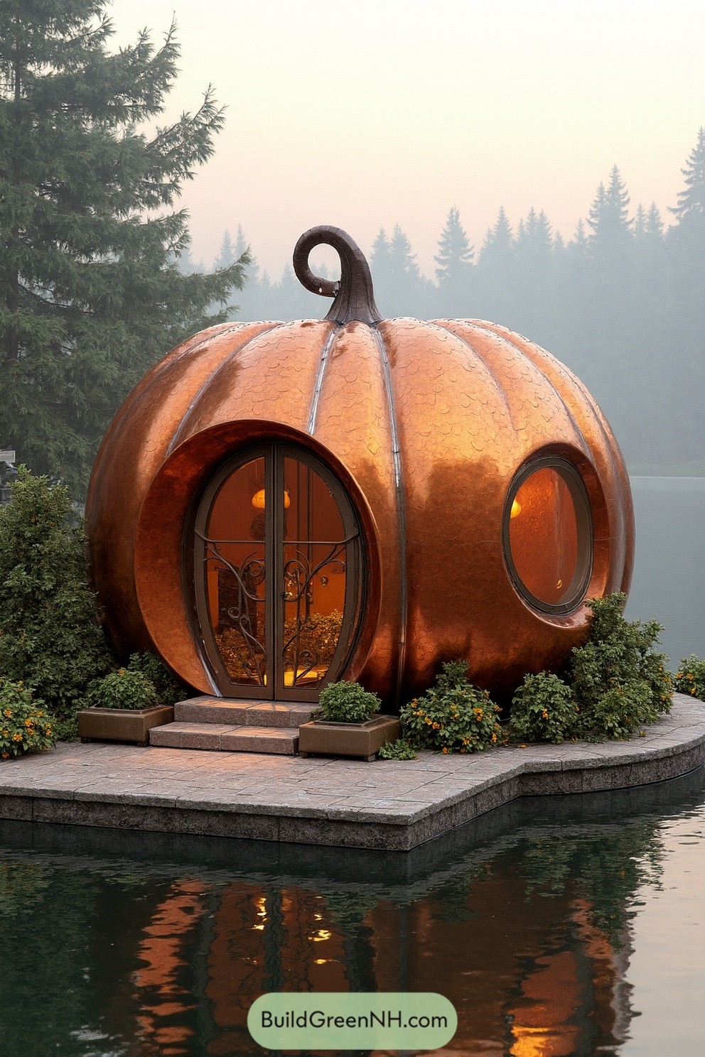 Copper pumpkin-shaped cabin by a lake surrounded by trees