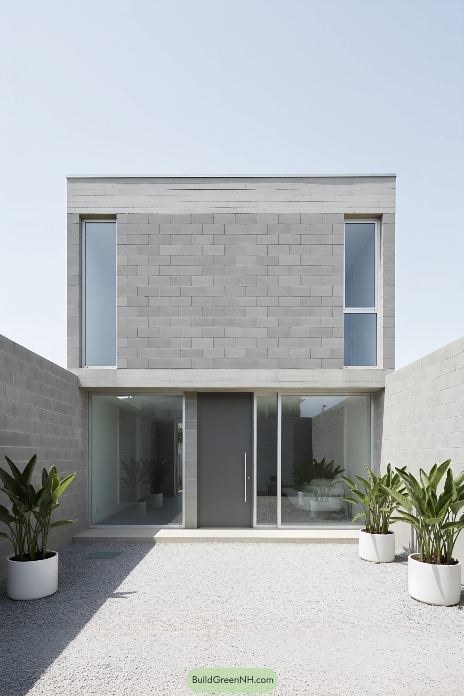 Modern concrete block house with large windows and sleek design